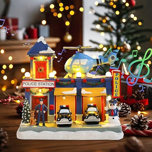 Miniatura 7 de Bdor Decoración navideña de estación de policía, escena animada iluminada de pueblo navideño con helicóptero y autos de policía, adorno de mesa de