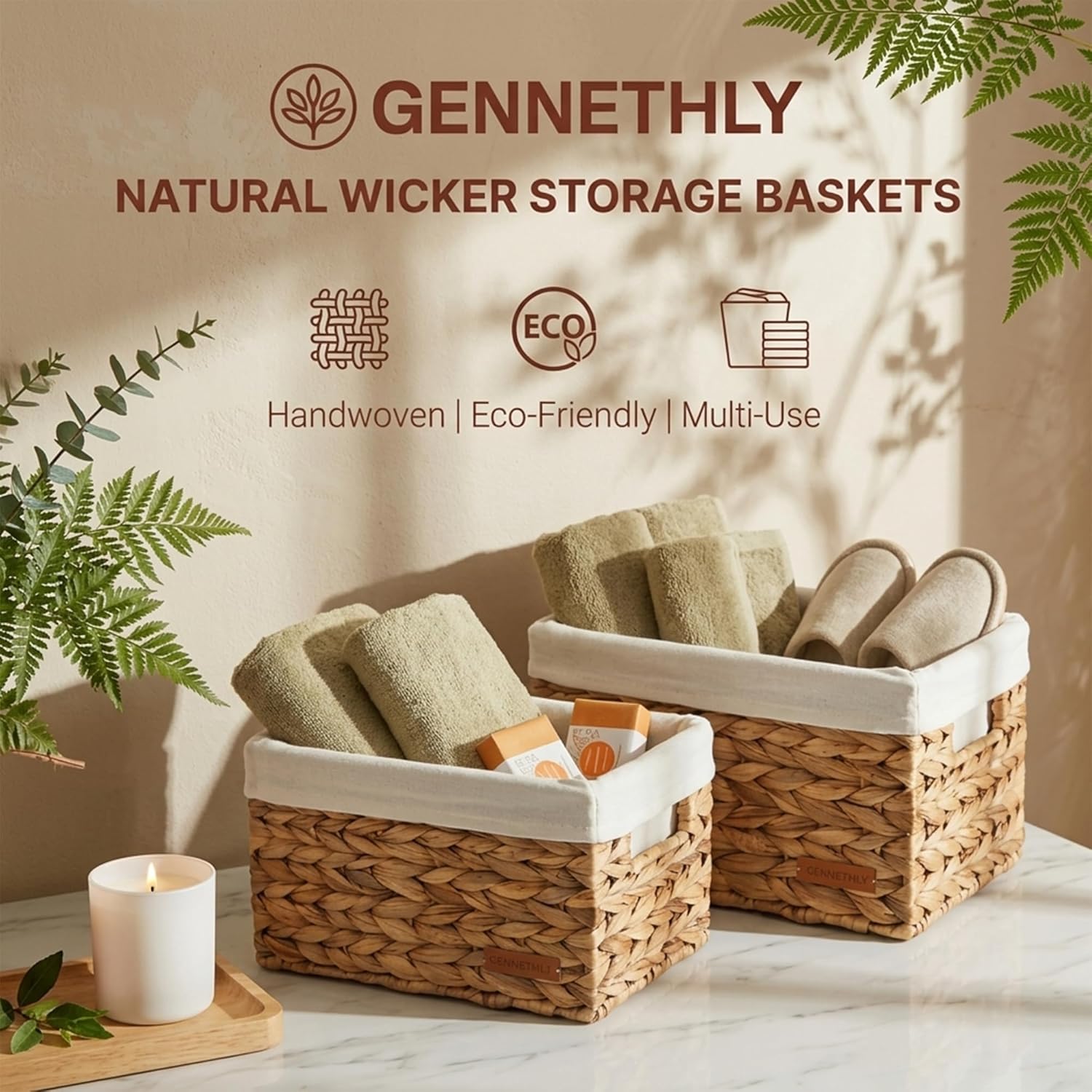 Water Hyacinth Wicker Baskets for Storage, Handwoven Rattan Shelf Basket for Organizing Pantry Closet Bedroom, 100% Natural Decorative Woven Organizer with Handles and Waterproof Canvas, 4 Pack
