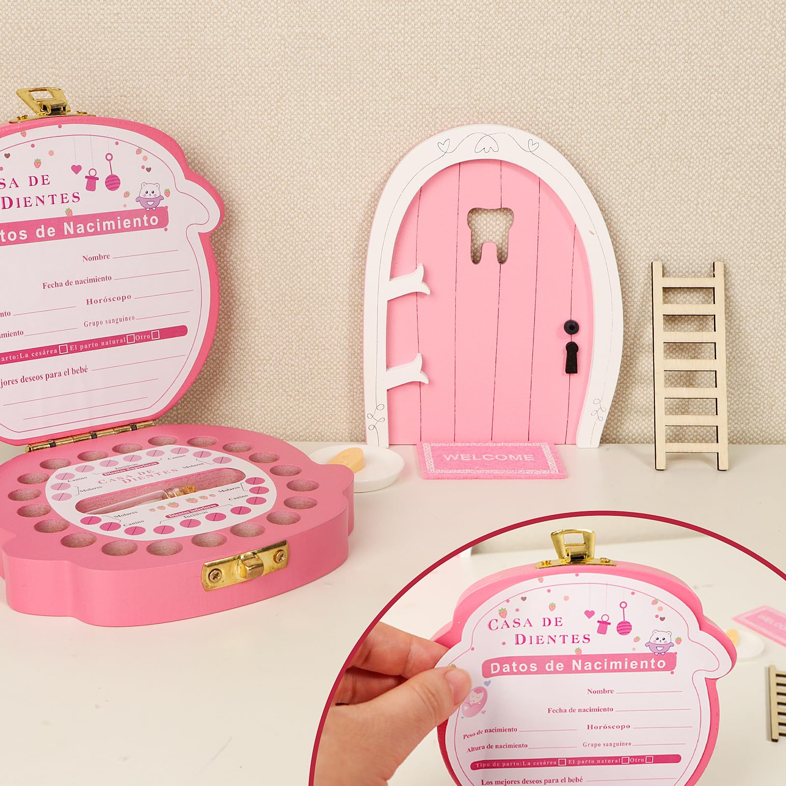 GEBETTER Caja Dientes de Leche Niña en Español + Puerta Pérez Ratoncito, Cajita Madera Guardar Dientes, Pinzas, Botecito, Puerta, Felpudo, Escalera, Queso y Plato, Regalo Niña 5 6 7 8 9 Años (Rosa)