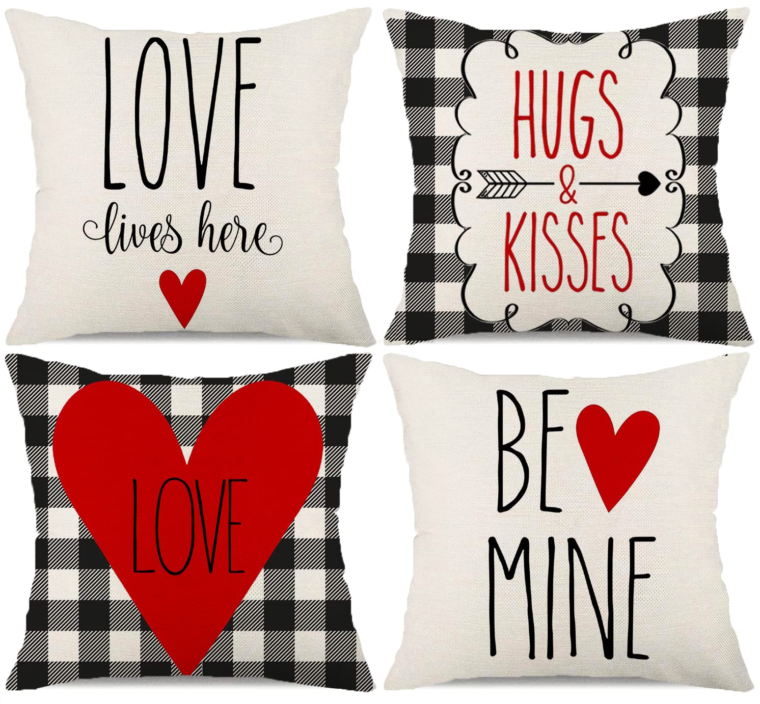 Set Of 4 Valentine's Day Pillow Covers – 12x20 Inch Buffalo Plaid Heart Decor For Couch & Bed