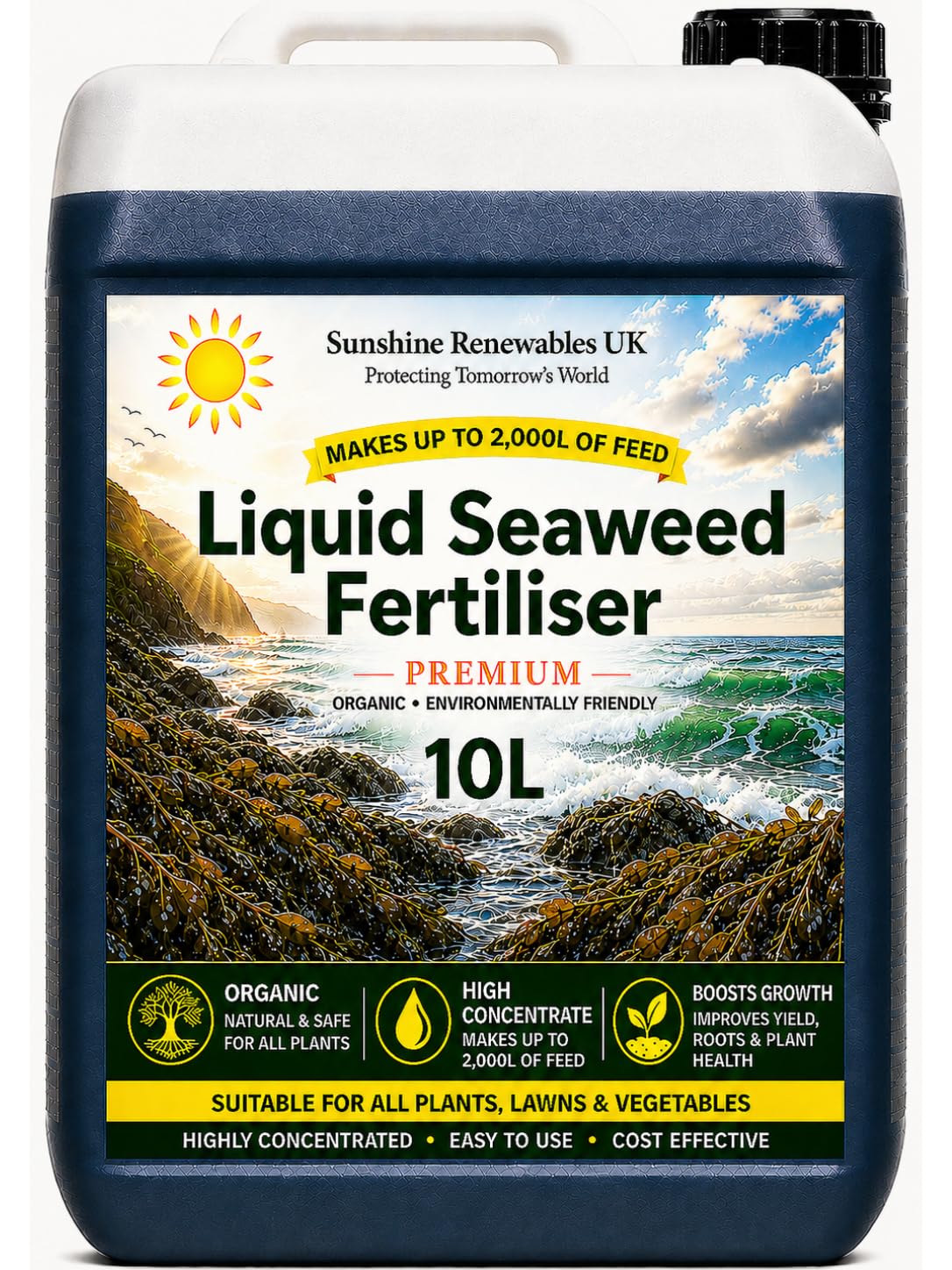 Sunshine Renewables Fertilizante Líquido de Algas Marinas – Abono Orgánico Ecológico para Huerto, Césped, Flores, Hierbas y Árboles Frutales – Concentrado 10L