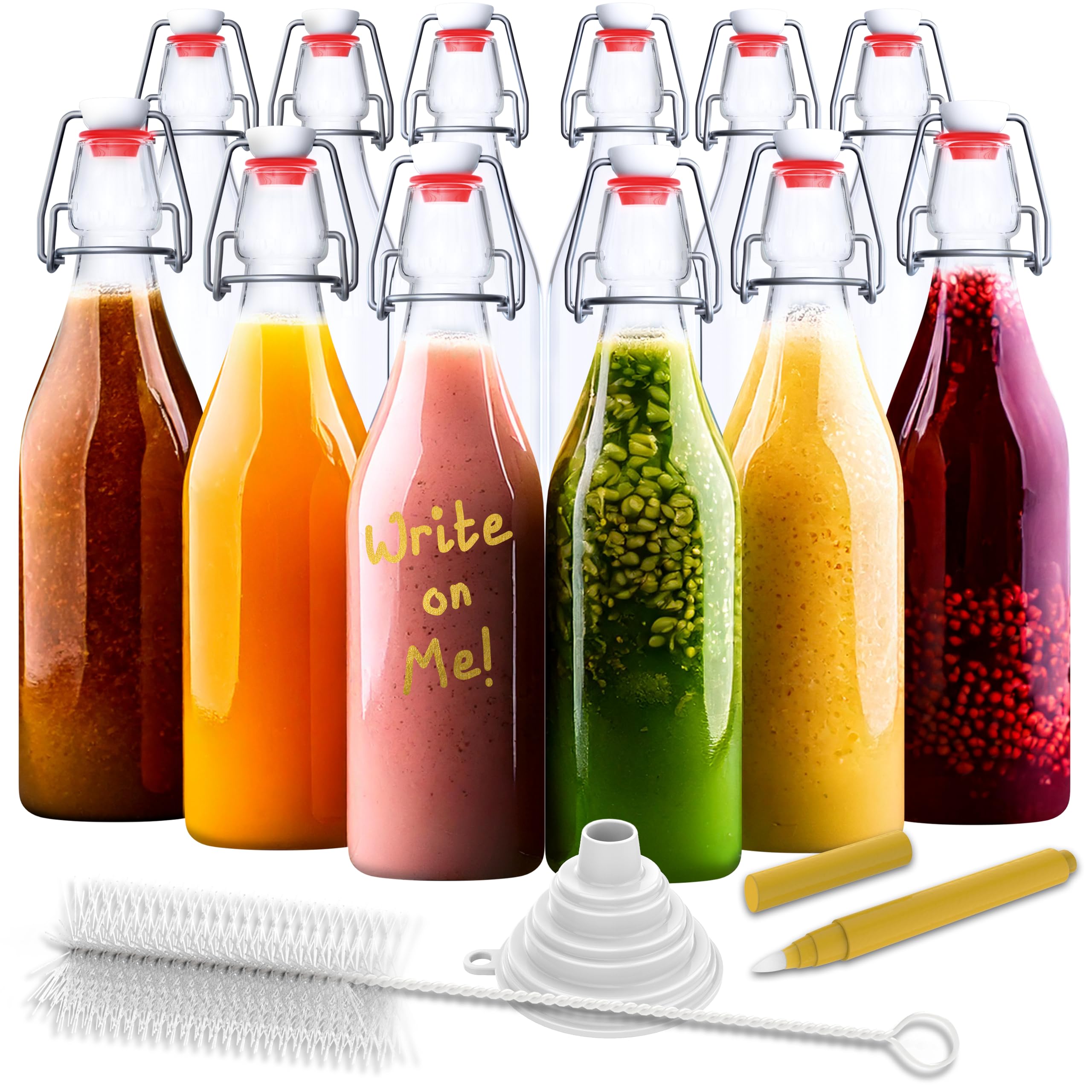 Nevlers 17 Oz Swing Top Glass Bottles 12 Pack | 500 mL Clear Round Flip Top Bottles for Entertaining, Brewing, Fermenting, Storing, Gifting | Includes Folding Funnel, Cleaning Brush & Gold Marker