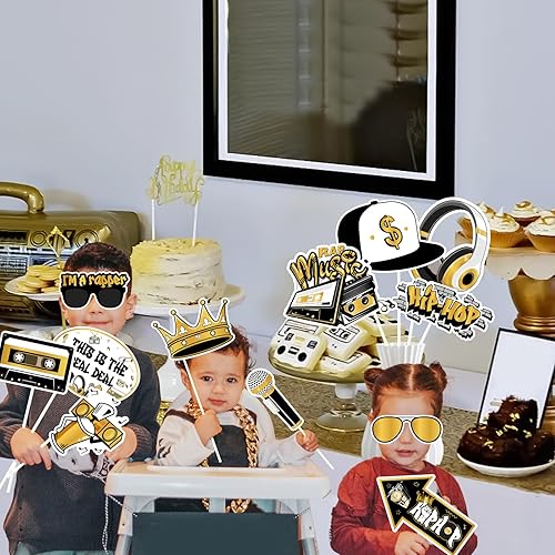 Miniatura 3 de Cheereveal Accesorios para cabina de fotos de hip hop dorados y negros, 24 piezas retro de rock and roll de los años 90 con temática de música de
