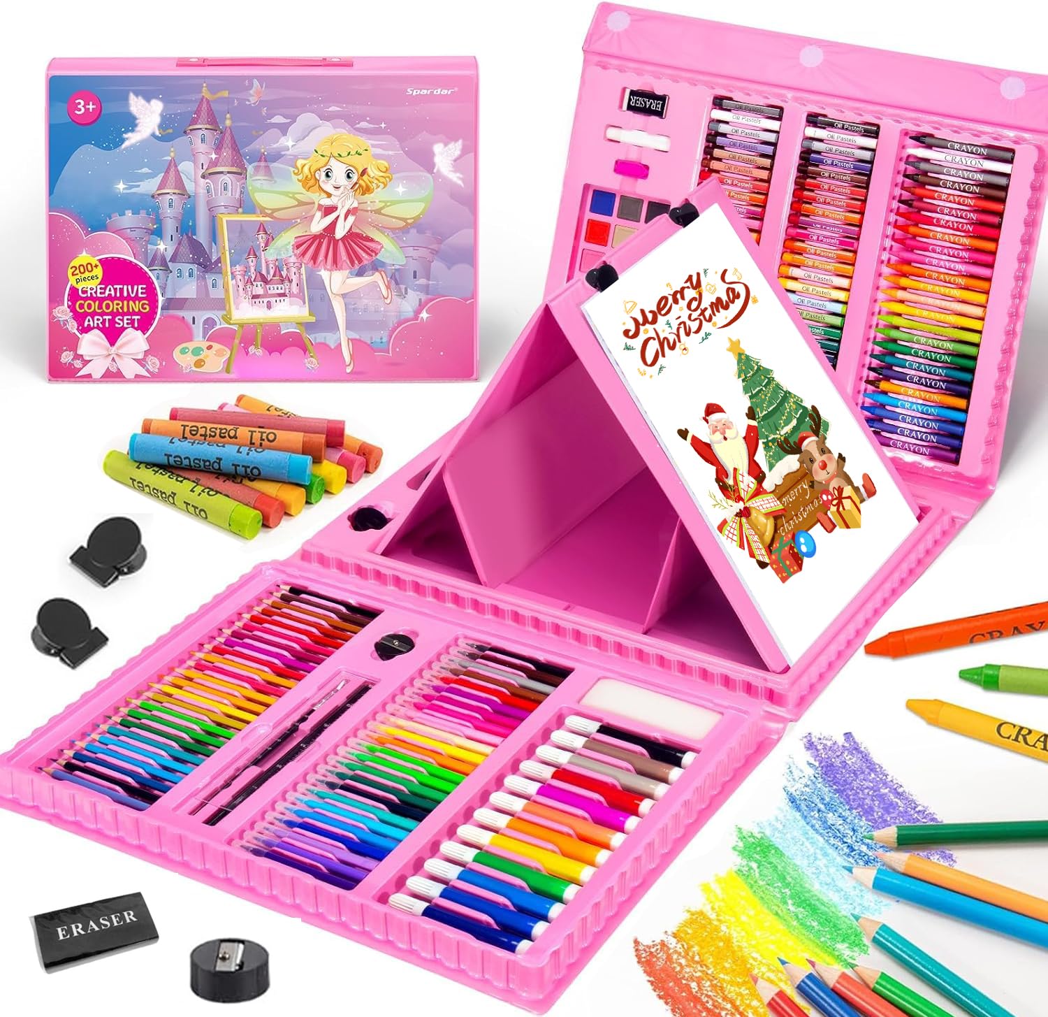 Spardar Kit De Dibujo para Niños - 240 Piezas con Caballete Triple, Pasteles al Óleo, Crayones, Marcadores, Pastel De Acuarela - Regalo para Principiantes Artistas