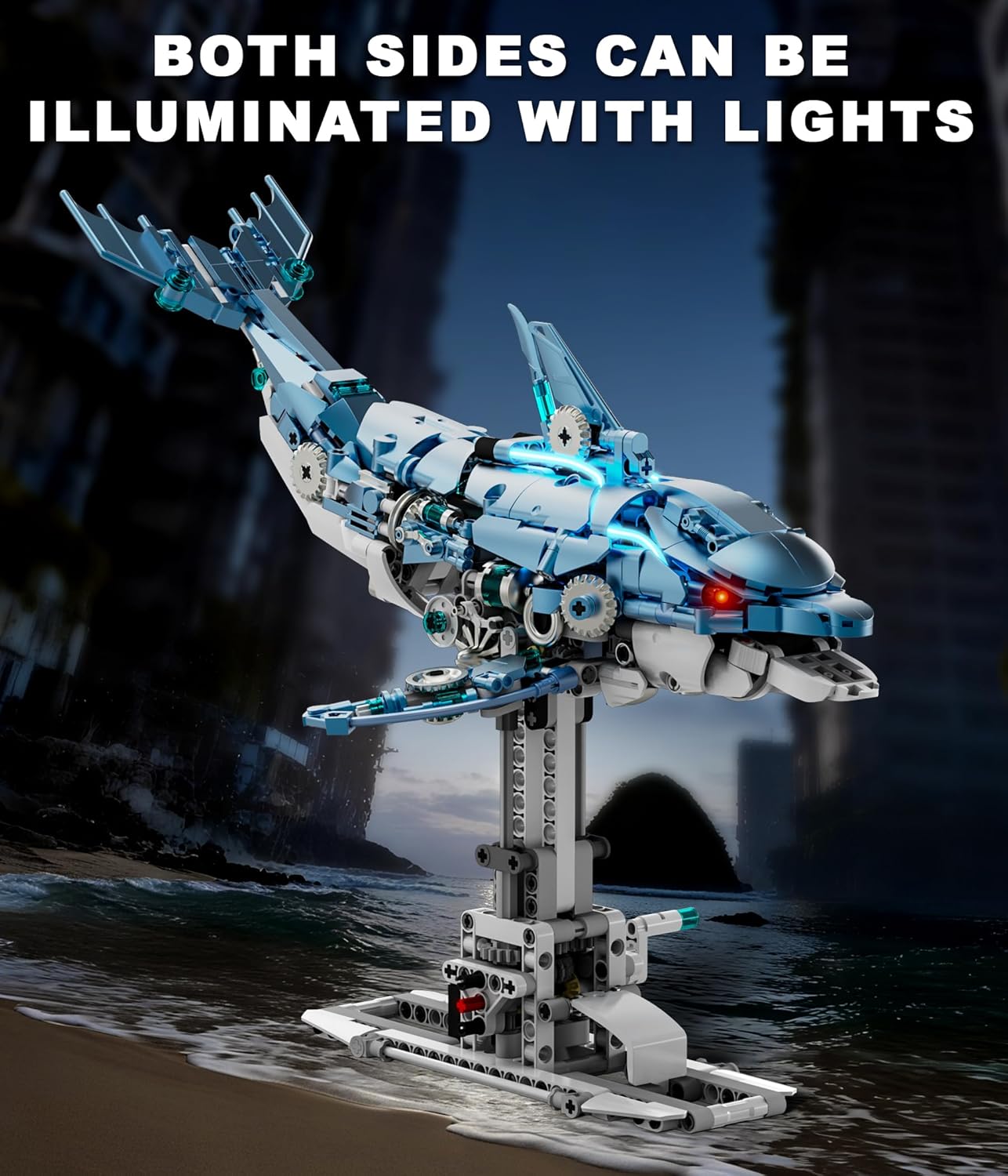 Moving Mechanical Dolphin Building Set - Hand Crank Model Kit with Swimming Tail, Movable Jaw & Glowing Lights | STEM Educational Toy & Unique Desk Decor for Ages 8+, Adults, Blue