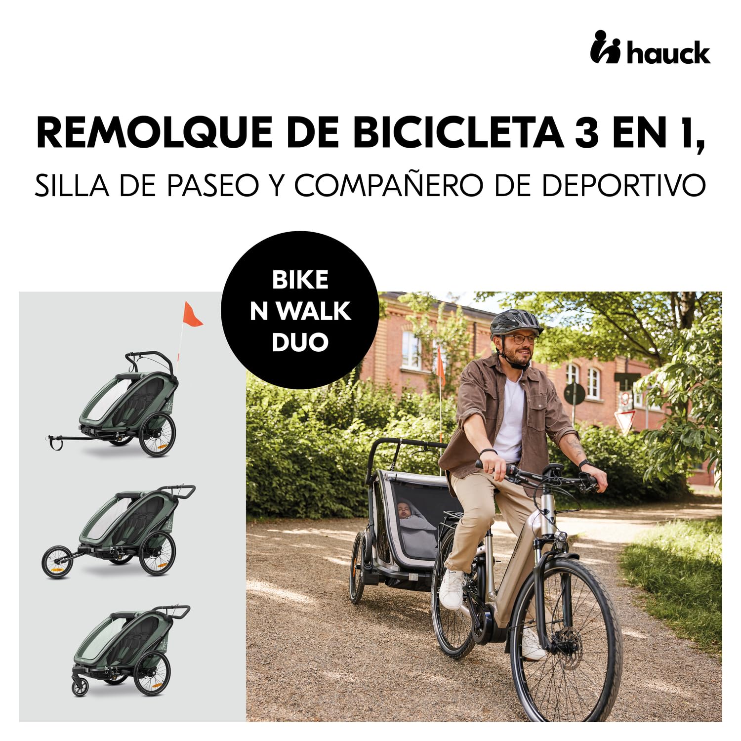 hauck Bike N Walk Duo Set Completo 3 en 1 Remolque Bicicleta 2 Niños - Silla de Paseo Doble Plegable Desde 6 Meses hasta 22 kg o 120 cm - Suspensión - Freno de Mano - Maletero - Verde