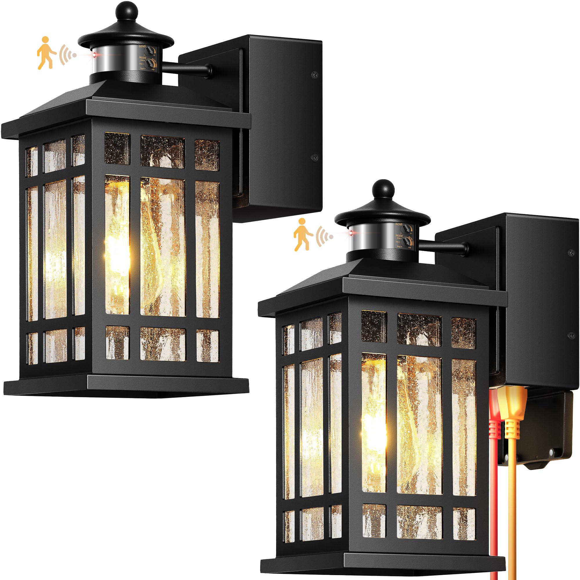 Porch Light with GFCI Outlet, Black Motion Sensor Outdoor Lights 2-Pack, Outside Wall Lights for House, Garage, Doorway, Garden, Aluminum Waterproof and Anti-Rust, Distance and Time Adjustable