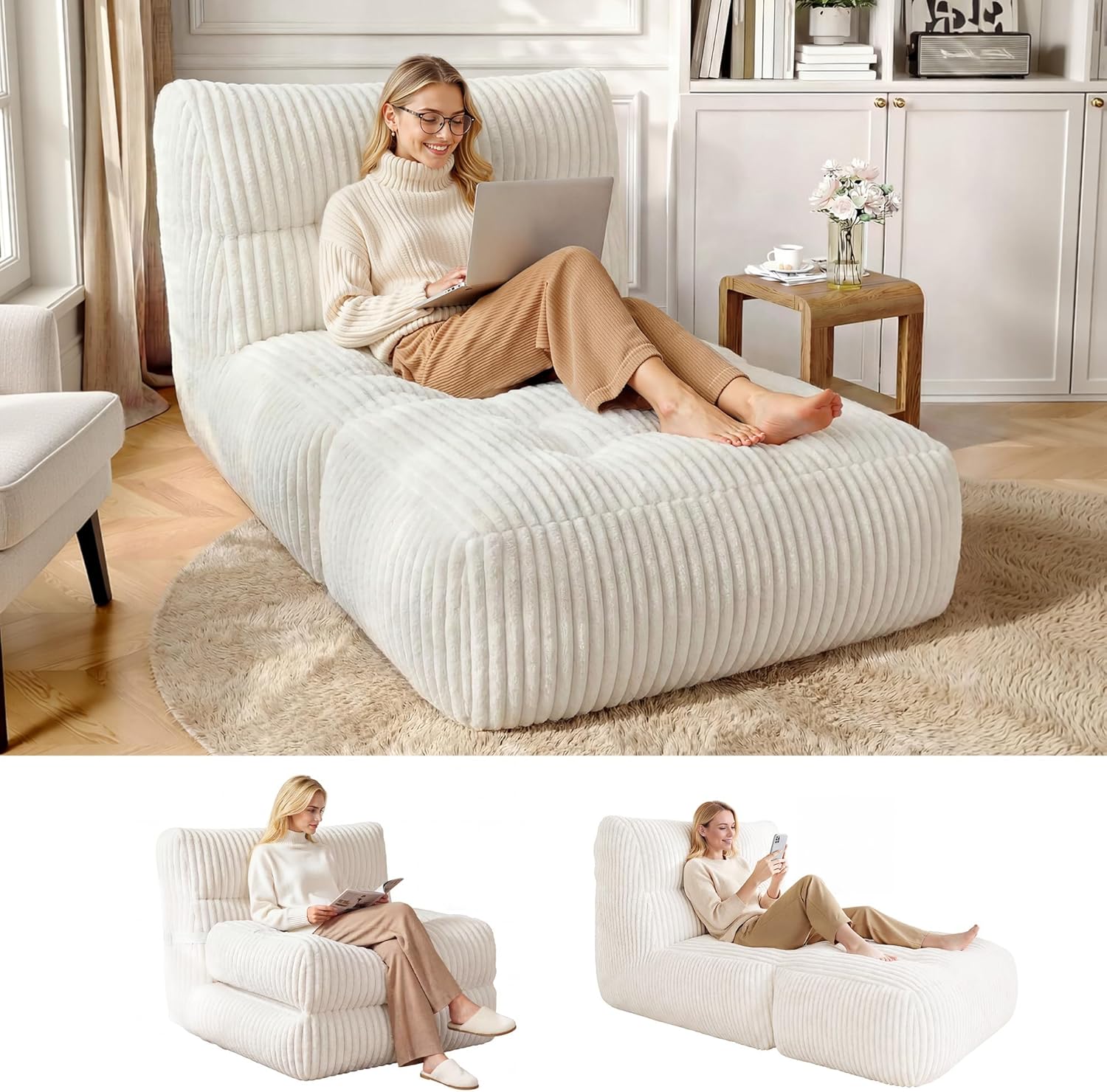 Bean Bag Chair,Giant Bean Bag Chairs for Adults 31.49" H with Foldable Ottoman,Big Lounge Chair with Memory Foam Filled for Living Room, Bedroom or Balcony,Lazy Floor Sofa,Plush,Comfy,Beige