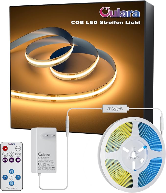 OULARA Tira LED COB Blanco Cálido 2700K, 6M Regulable con RF Remoto y Alimentación