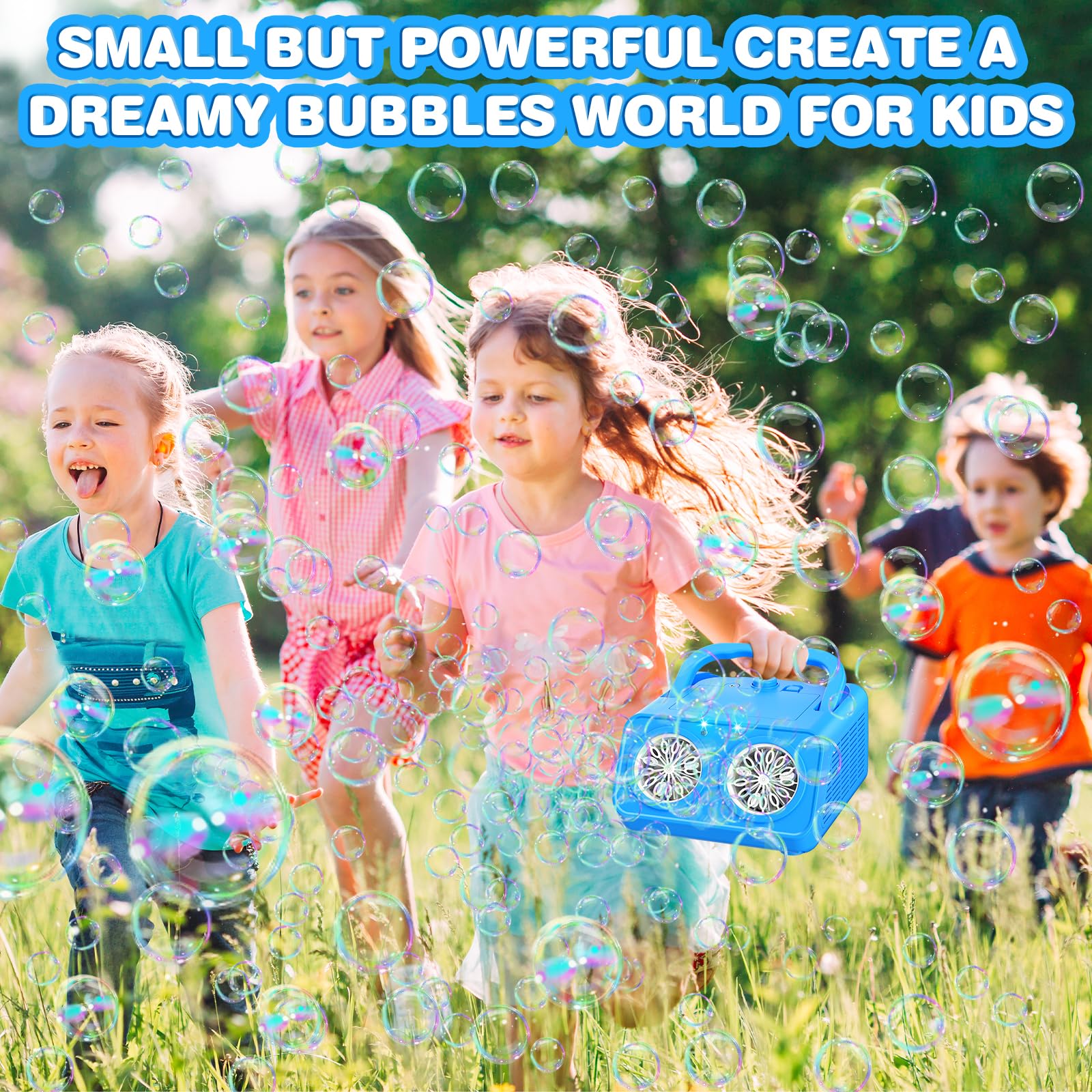 Maquina Burbujas, Más de 22.000 Burbujas por Minuto, Bubble Machine Automatico, Portátil Maquina de Burbujas para Niños Juguetes Regalos para Cumpleaños Fiestas Boda Exteriores (Azul)