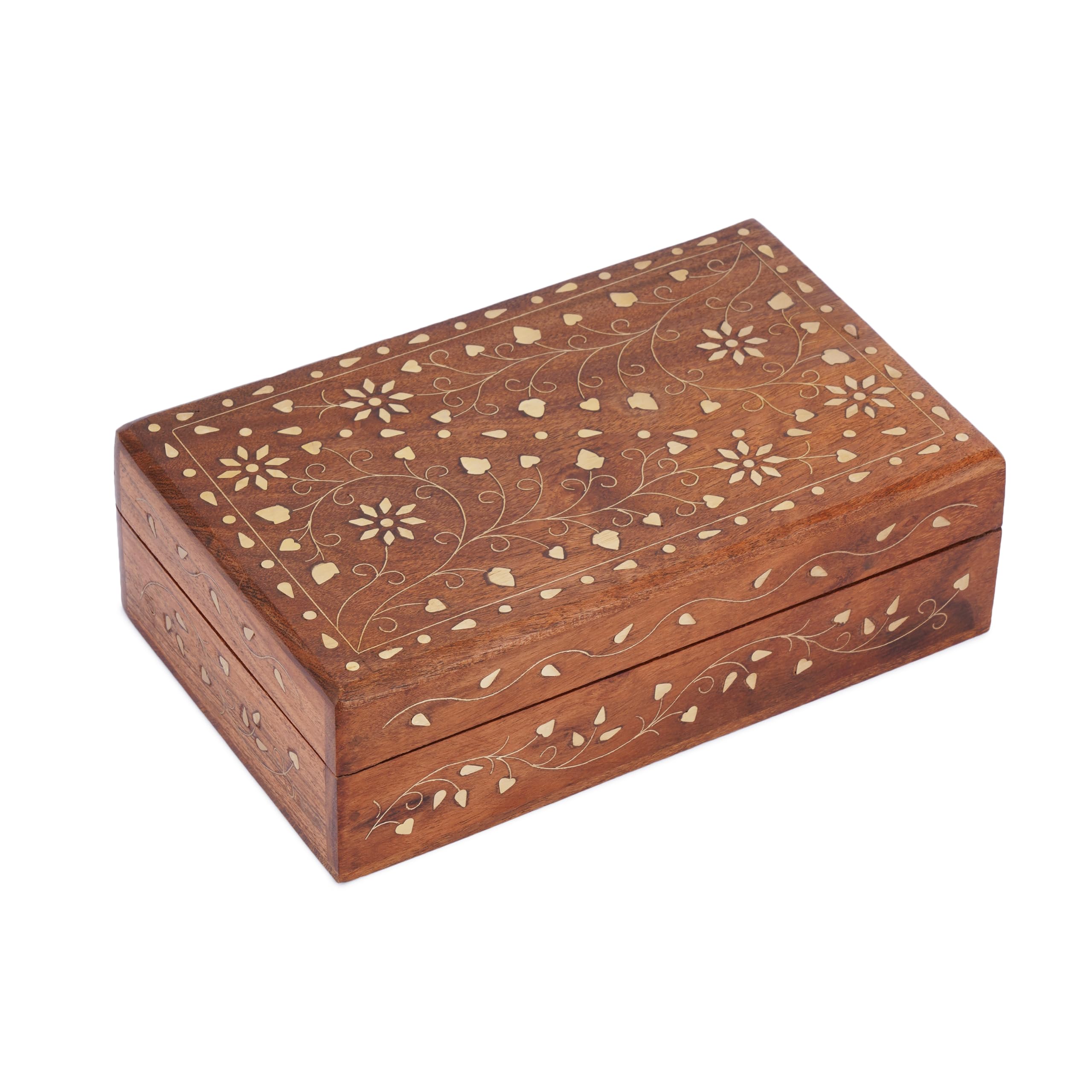 Ajuny Wooden Jewellery Box 8 x 5 Inch Floral Brass Inlay Keepsake Chest