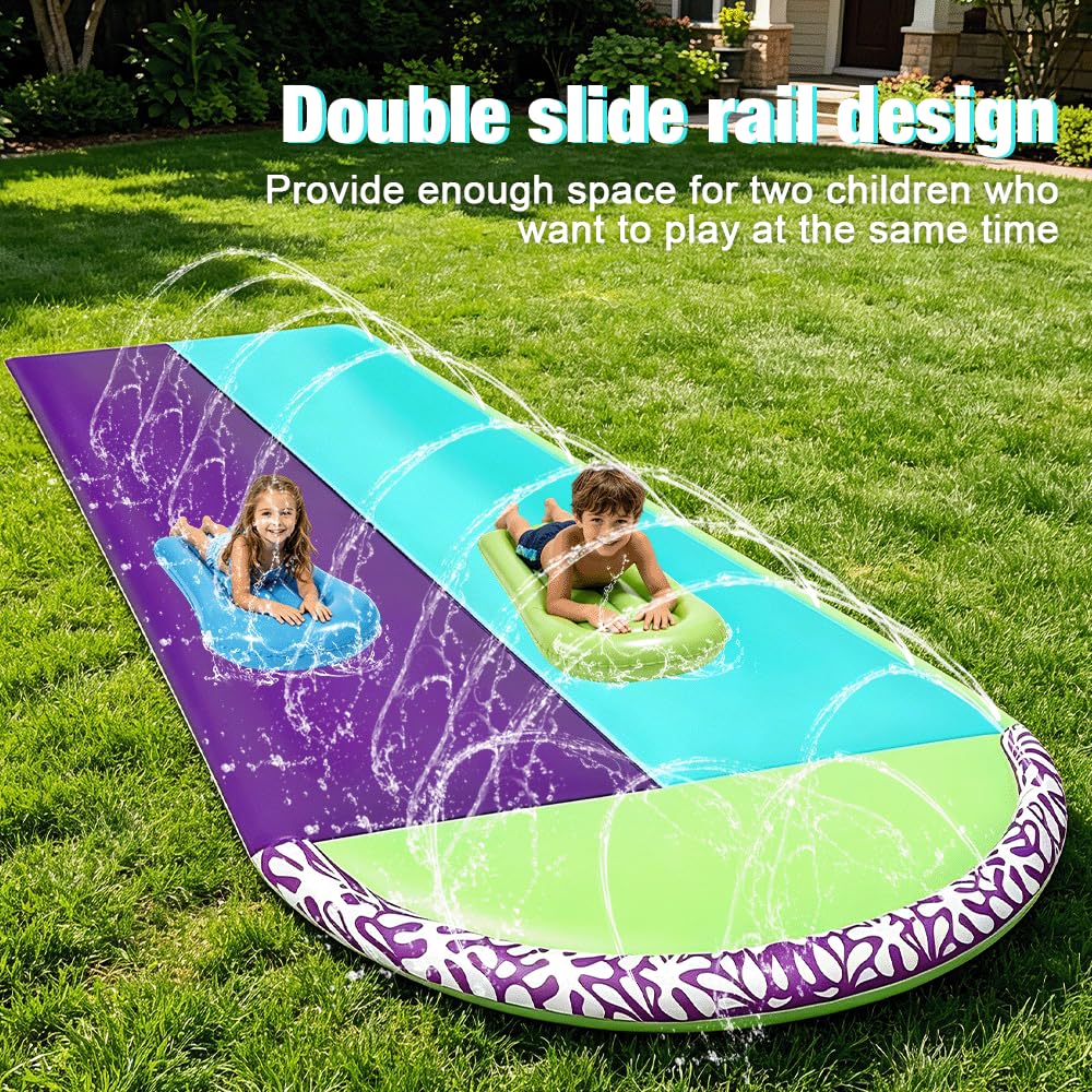 Wasserrutsche Garten 610cm mit Sprinkler, Doppelrutsche für Kinder und Erwachsene, Blau Grün