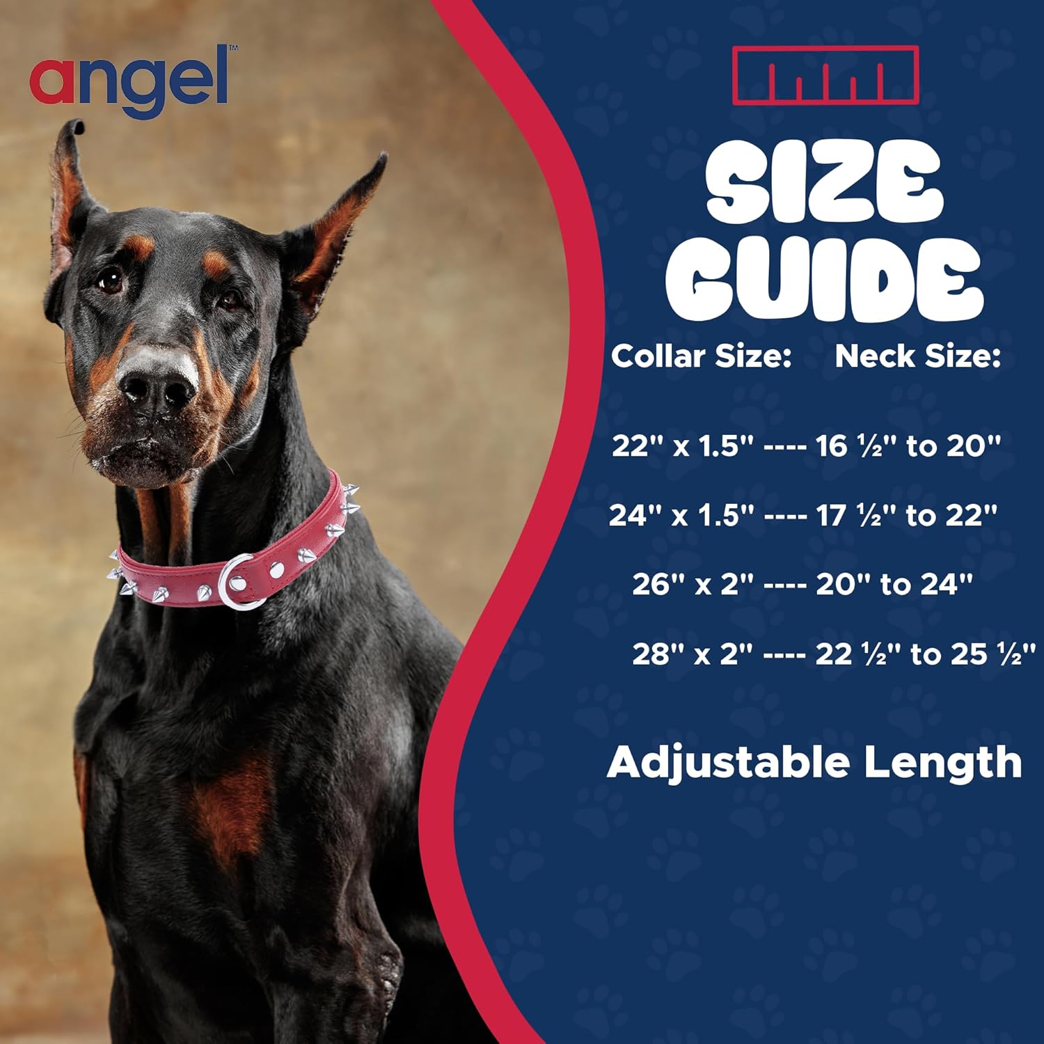 Angel Pet Supplies Inc. Spiked Studded Leather Dog Collar, Padded, Double-Ply, 18" x 3/4", Red, 100% Genuine Leather (Rotterdam Spiked) French Bulldog, Cocker Spaniel, Collie, Beagle