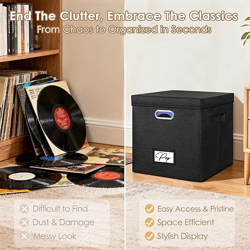 Miniatura 8 de Caja de almacenamiento de discos de vinilo para más de 50 LPs (12 pulgadas), caja de lino apilable con tapa, soporte plegable para colección de