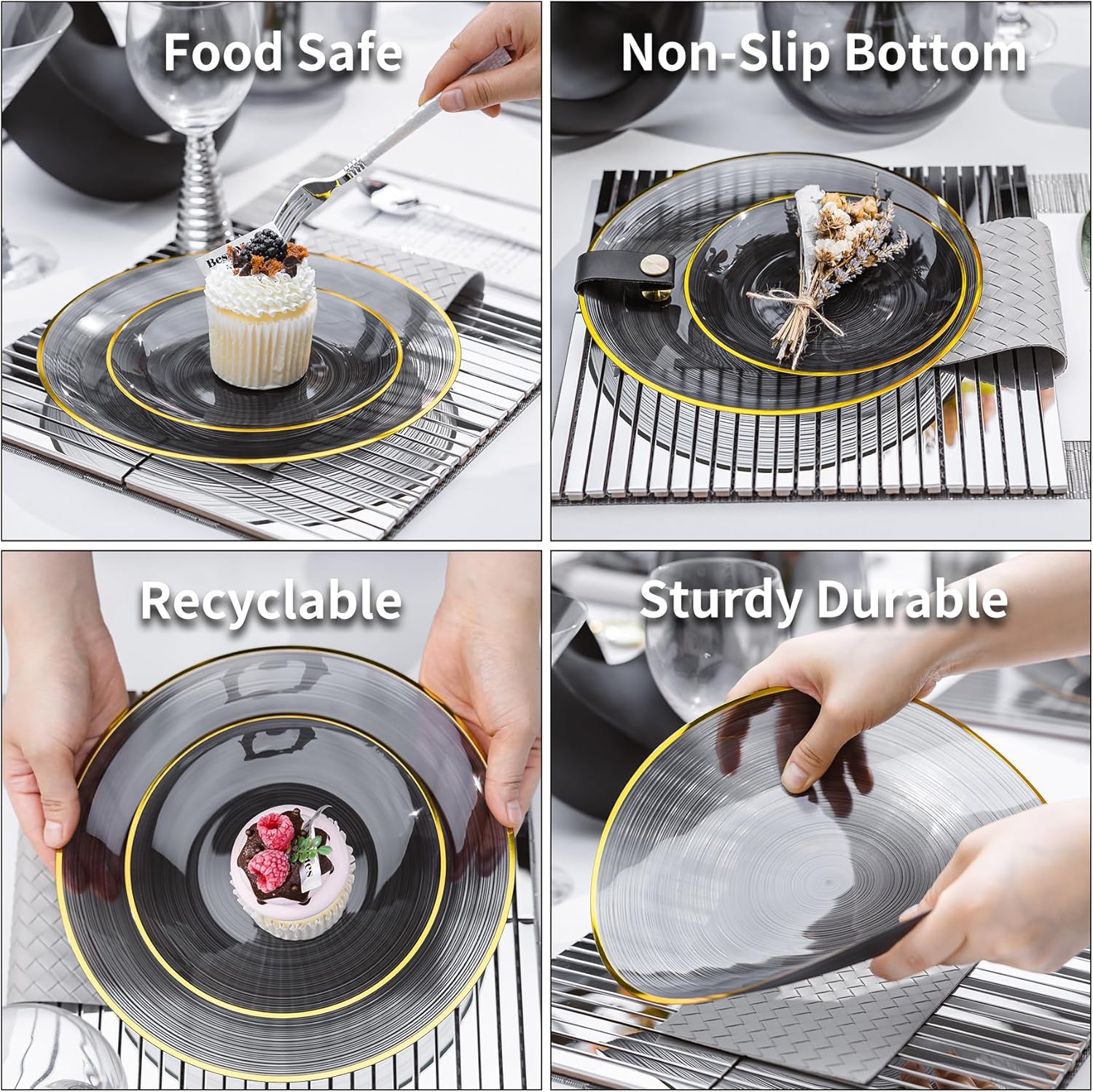 N9R 60PCS Black Plastic Plates with Gold Rim, Elegant Disposable Plates, Circular Ribbed Design, 30 Dinner & 30 Dessert Plate for Parties, Weddings, Halloween, Banquets and Events (Translucent Black) - Image 3