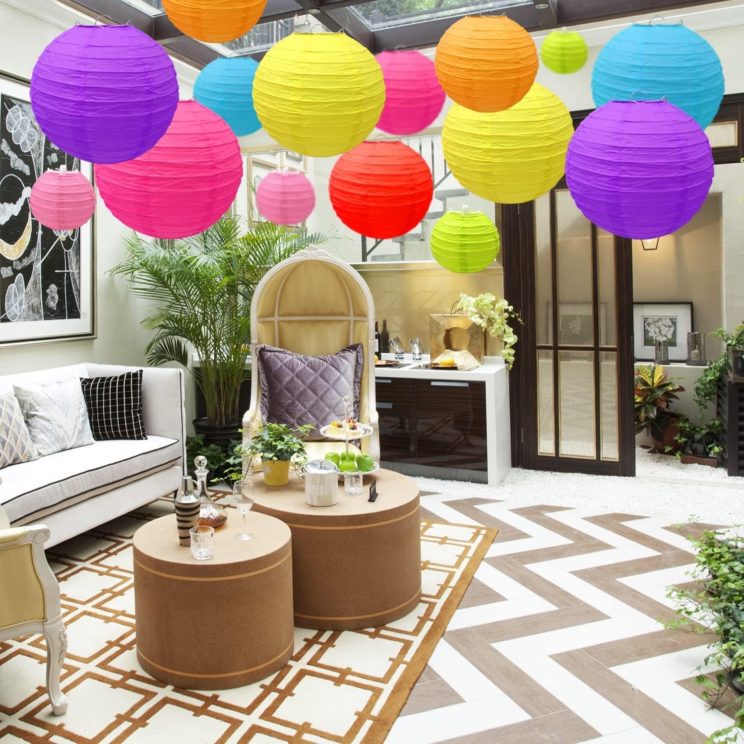 Lampion Zestaw 9 lampionów papierowych chińskie okrągłe kolorowe różne rozmiary abażury z tkaniny nylonowej świąteczne wesele Patio dekoracje wiszące lantern(Groen,35cm)