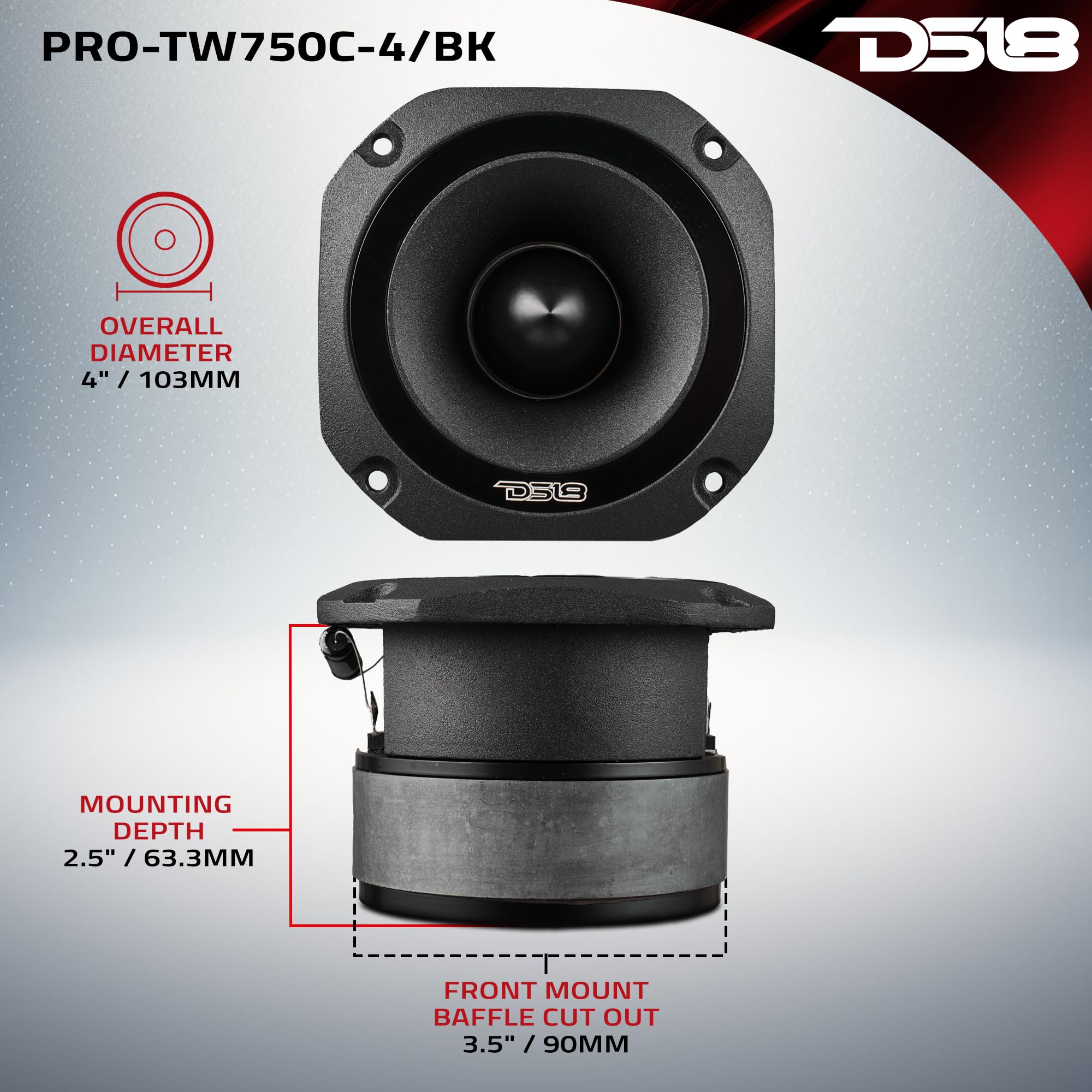 DS18 PRO-TW750C-4/BK 10,2 cm Super Bullet Hochtöner mit 3,8 cm Titan-Schwingspule und übergroßem Ferritmagnet, 200 Watt, 4 Ohm, Schwarz, einzeln