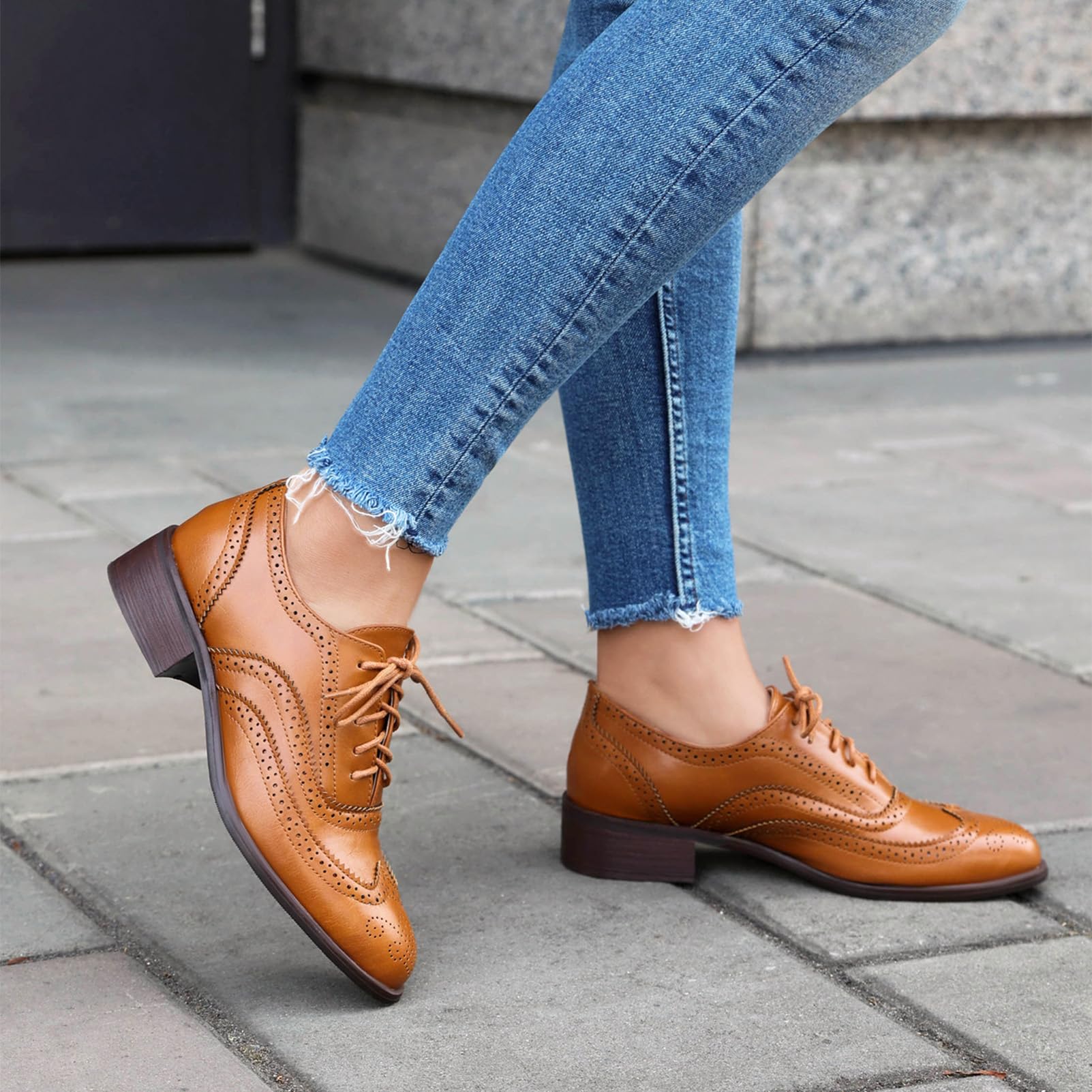 ANUFER Mujeres Tacón de Bloque Wingtip Brogues Caña Baja Oxfords Zapatos de Salón