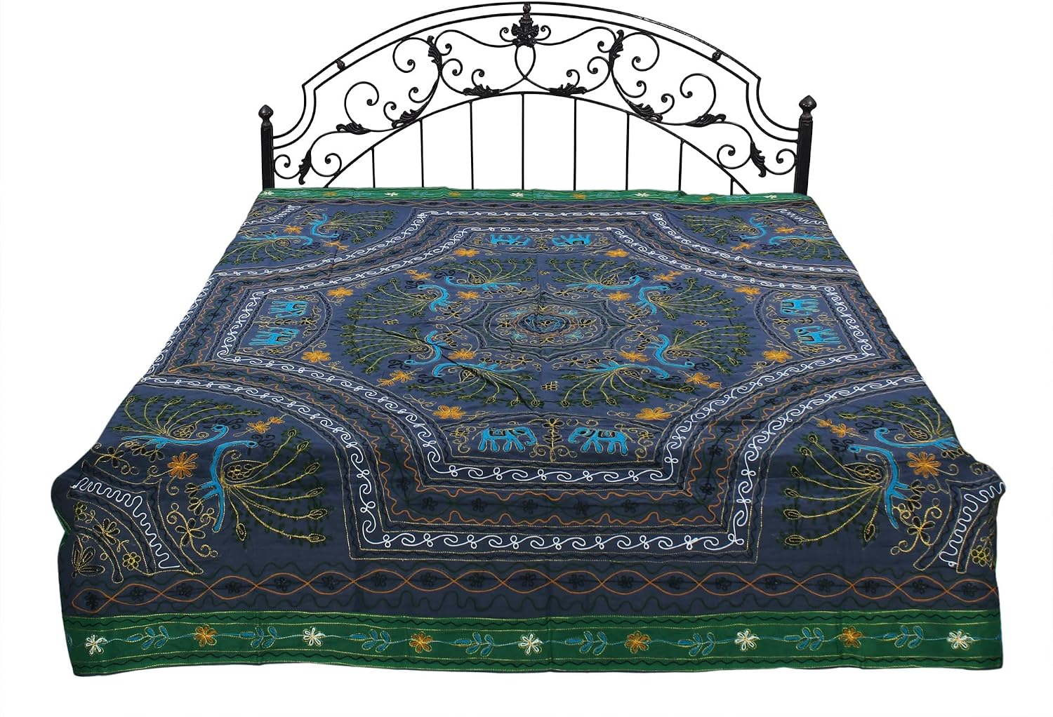 Exotic India Gujarati Bedspread with Metallic Thread Embroidered Peacocks and Folk Motifs - Pure Cotton - Color Vivid Blue