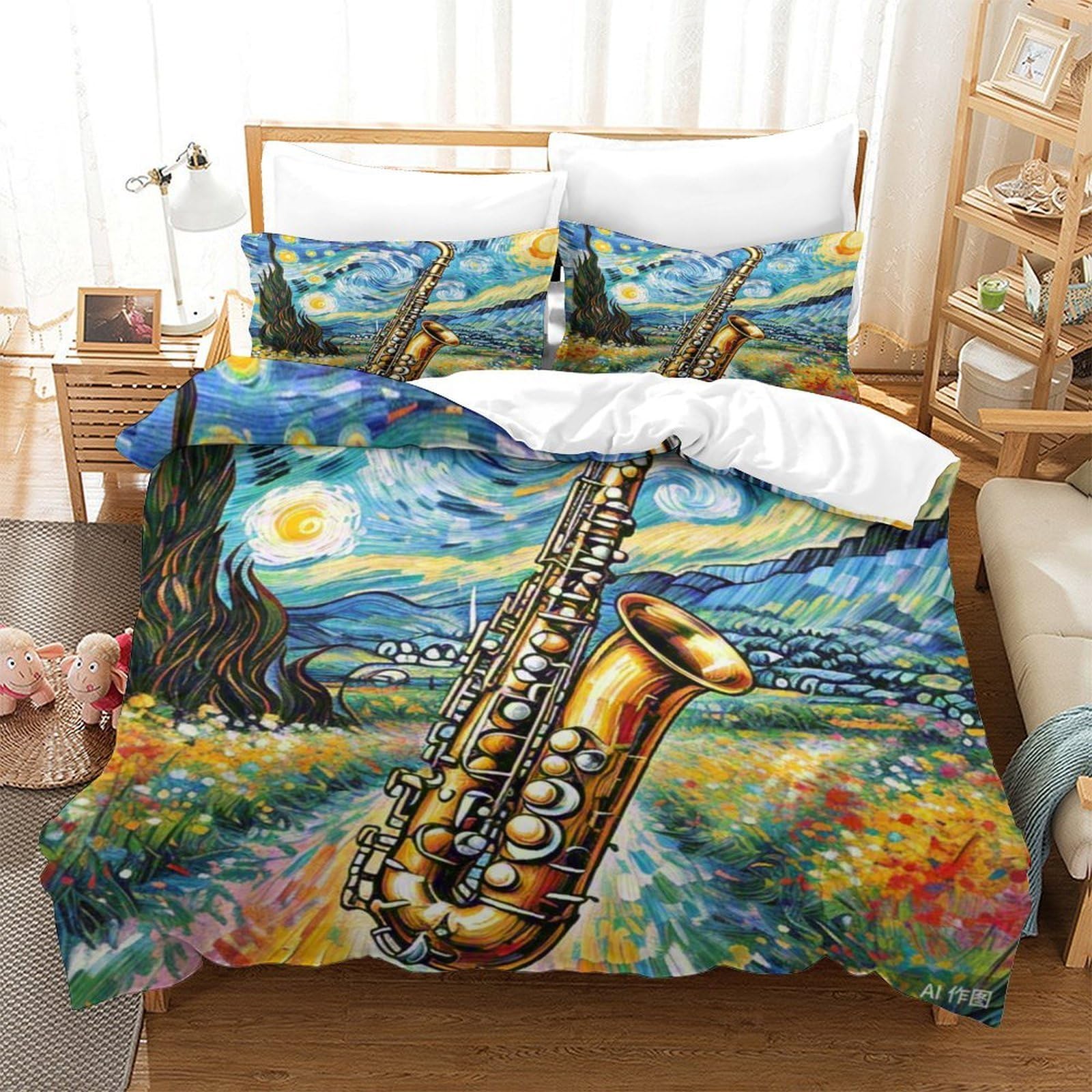 Housse de couette saxophone 140x200 cm en microfibre douce avec sa taie d'oreiller