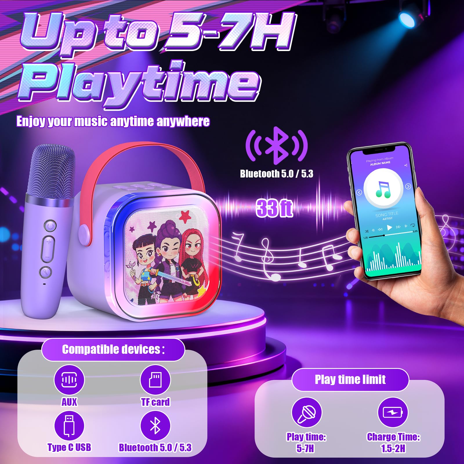 Mini macchina per karaoke per bambini dai 3 ai 12 anni: altoparlante Bluetooth portatile con 2 microfoni wireless, spettacolo di luci a LED per bambini da 3 4 5 6 7 8 9 10 anni giocattoli regali di