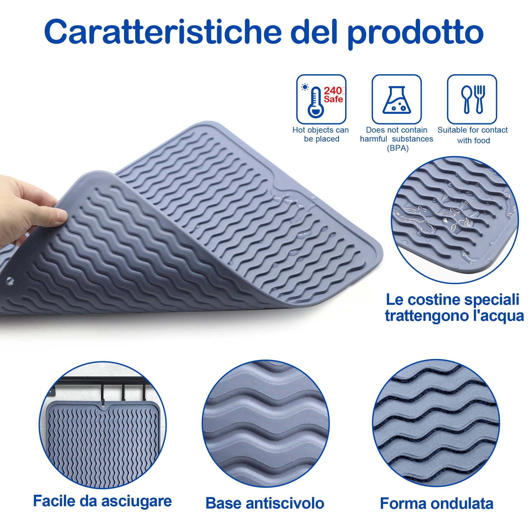 Tappetino Scolapiatti In Silicone - 40x30cm, Antiscivolo, Drenante, Per Cucina E Bagno, Turchese
