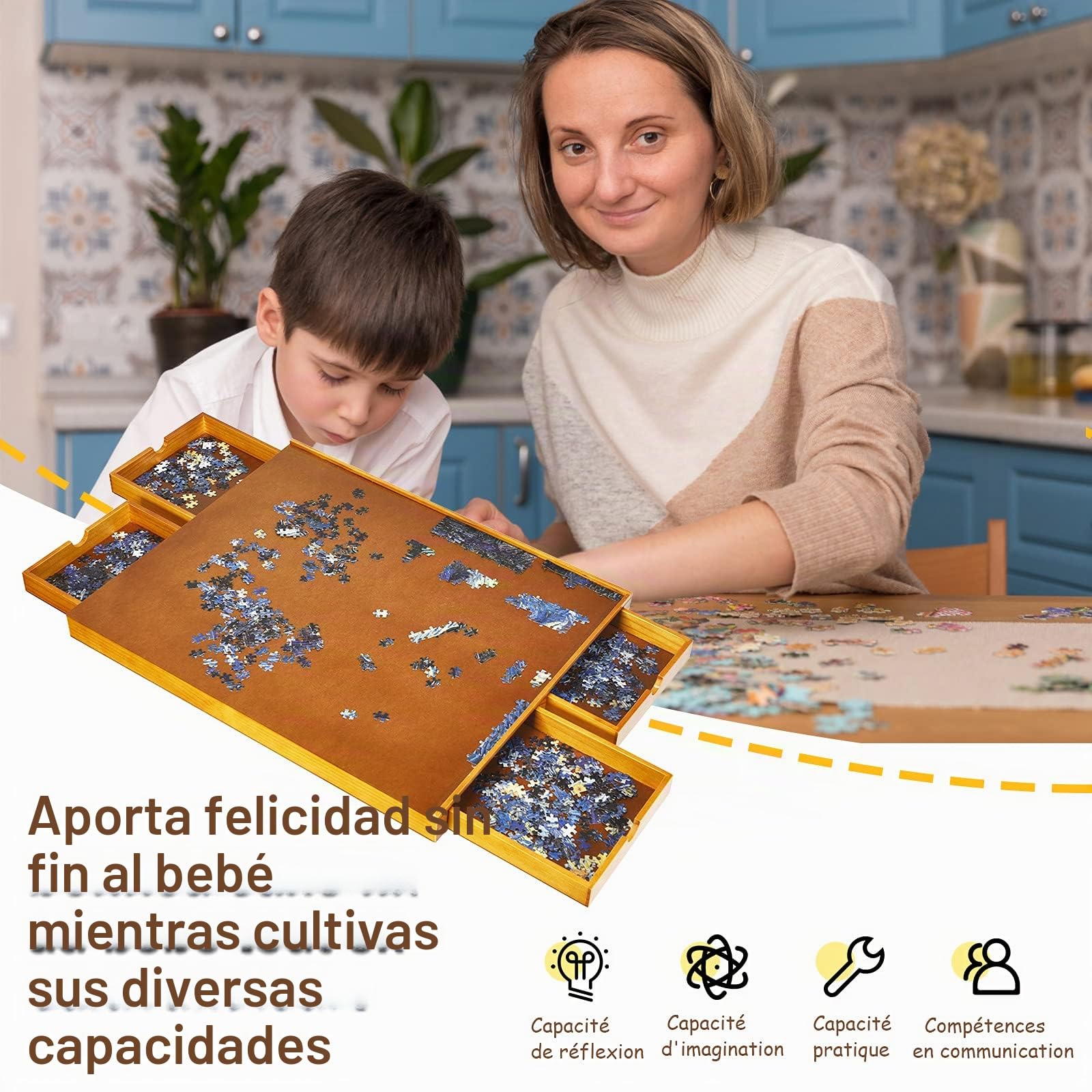 GOPLUS Puzzle Mesa de Madera con 4 Cajones para Almacenamiento, Juego de Mesa Puzzle Tablero Equipado Paneles Laterales, Transportable Puzzle Tablero Superficie Lisa, Madera