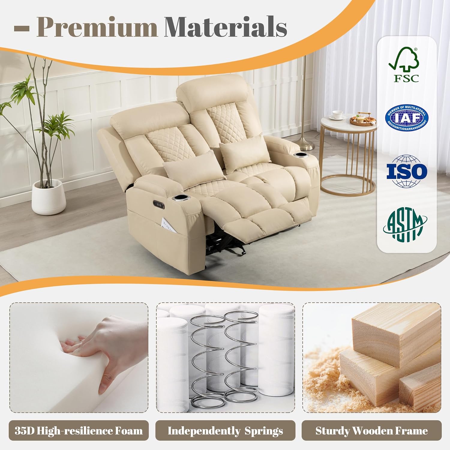 Zero Wall Hugger Power Reclining Loveseat with Adjustable Headrest, Power Loveseat Recliner Sofa with USB&Type-C Ports, Wall Hugger Loveseat Recliner for Living Room(Beige, 2 Seater)