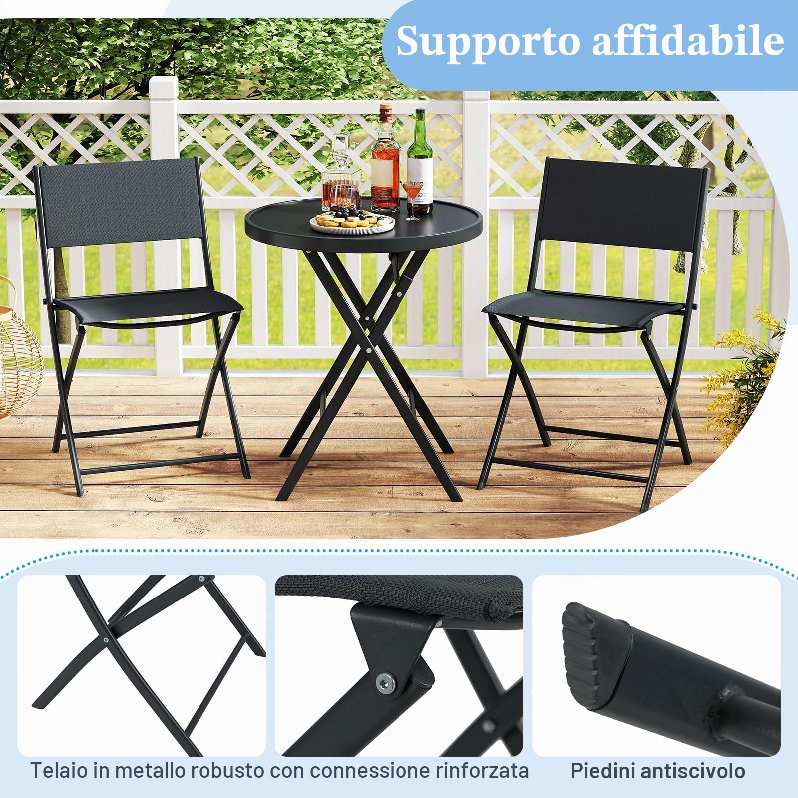 GIANTEX Set da Bistrot Pieghevole 3 Pezzi, 1 Tavolo e 2 Sedie Salvaspazio, Mobili da Esterno in Resistente Materiale, Ideale per Balcone, Terrazza e Giardino