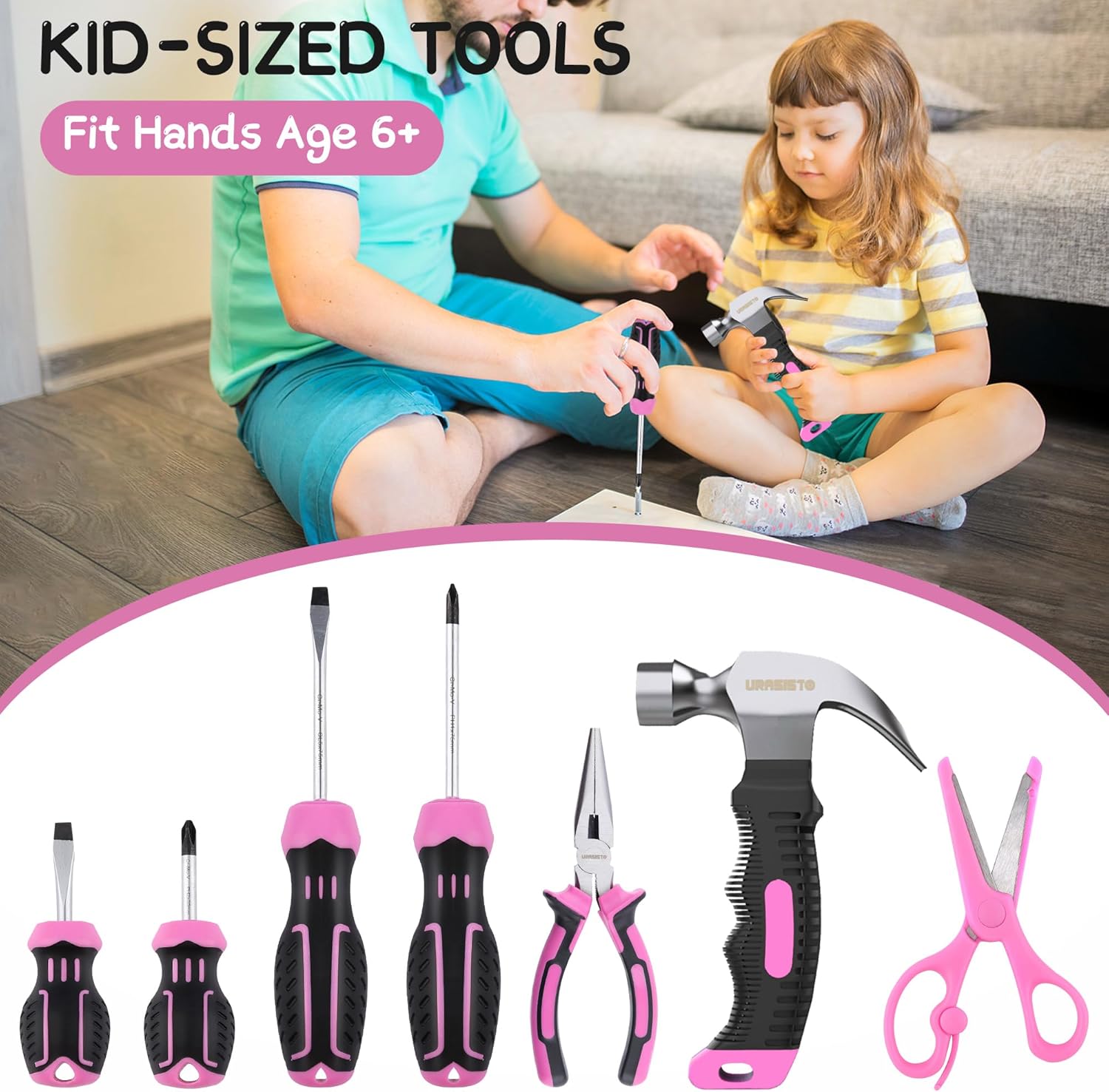 URASISTO 22-Piece Kids Tool Set with Storage Bag, Pink Junior Real Hand Tool Kit for Boys & Girls, Age 8+