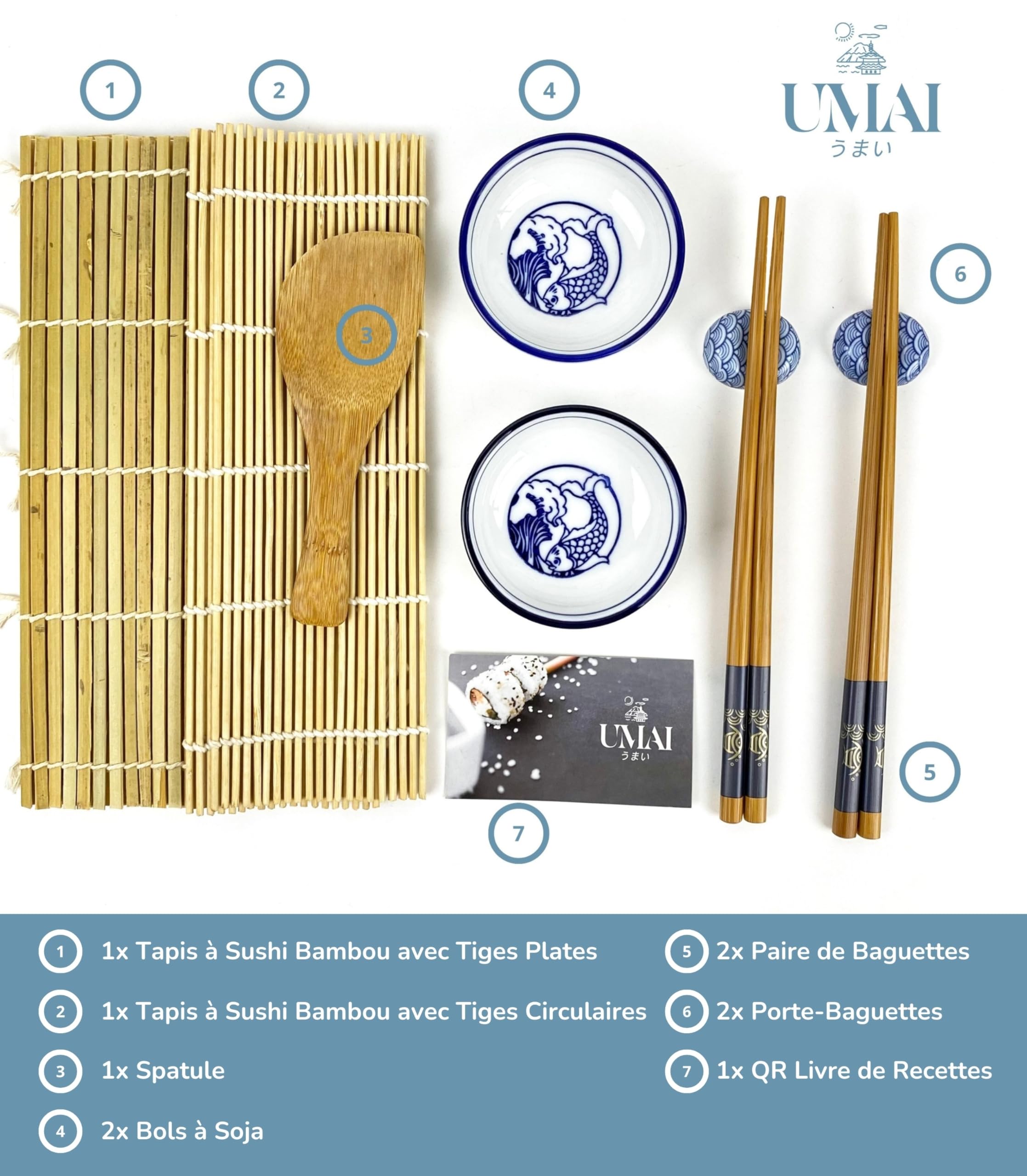 UMAI Kit Sushi | Kit pour faire des sushis à la maison | Set de sushis 2 tapis à sushis + palette + 2 jeux de baguettes + 2 bols de soja + 2 supports baguettes + QR avec livre de recettes