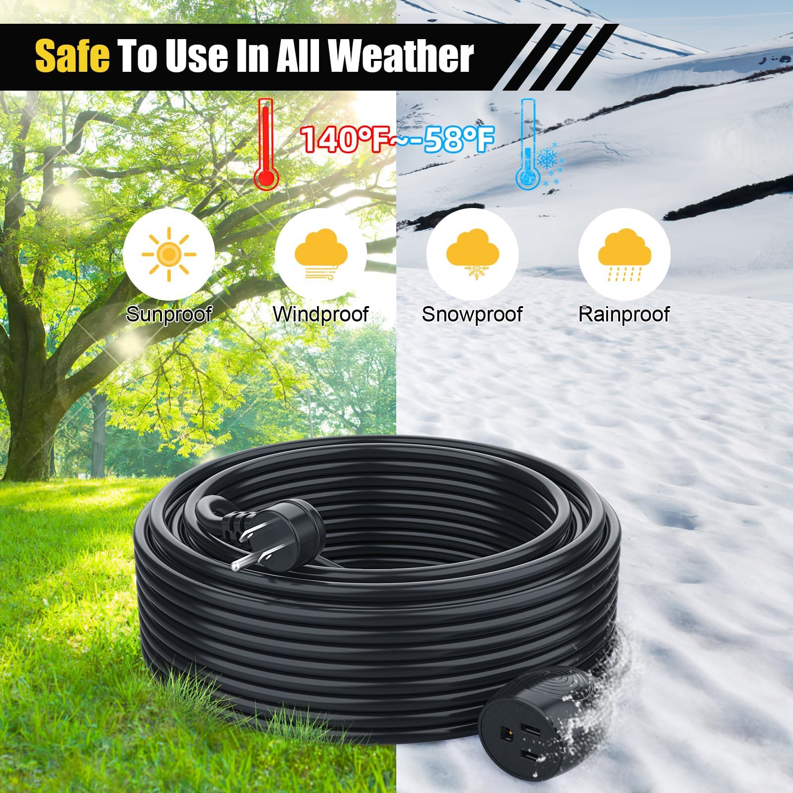Cable de extensión impermeable de 6 pies, resistente al agua, IPX6, resistente al agua, clima frío y al fuego, cable de 3 clavijas, 18AWG 125V 10A, certificado FCC/ETL