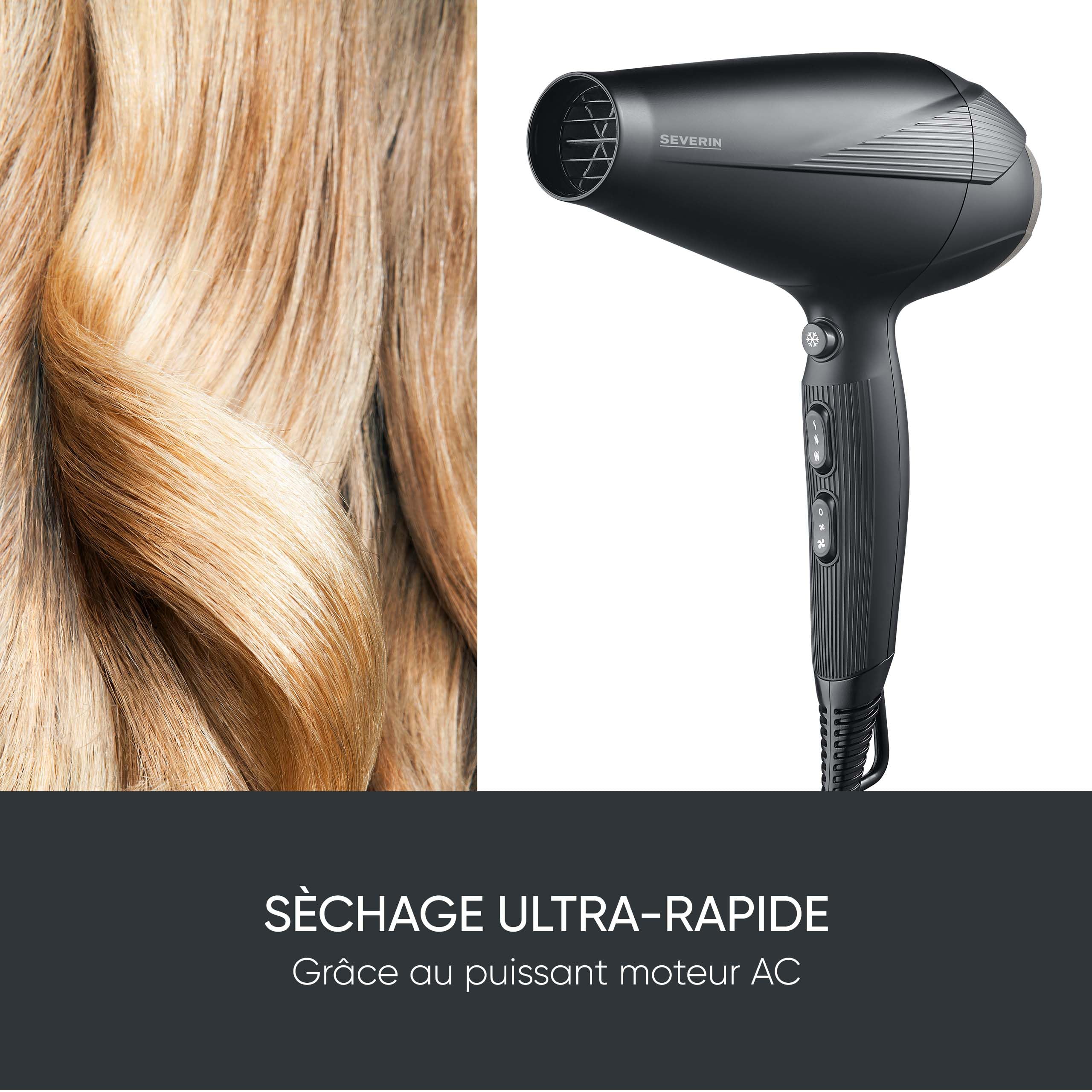 SEVERIN Seche cheveux performant avec moteur AC et technologie ionique, Sèche cheveux avec diffuseur et concentrateur amovibles, sèche-cheveux puissant 2 300 W, Noir, HT 0167