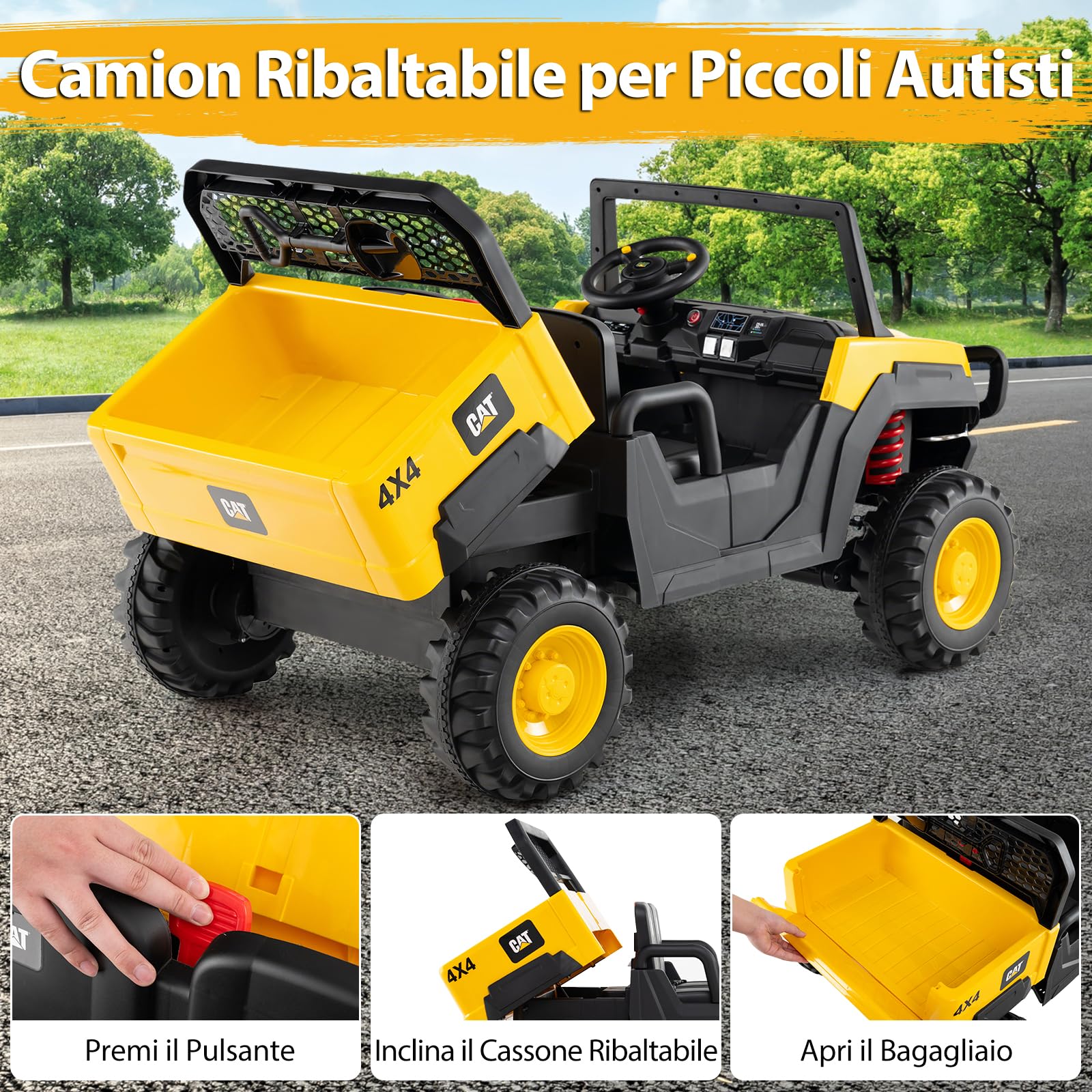 COSTWAY Camion Ribaltabile Elettrico Caterpillar, 24V Macchina Eletrrica per Bambini a 2 Posti, con Telecomando 4 Motori Avvio Morbido e Sospensione a Molla, 3-8 Anni