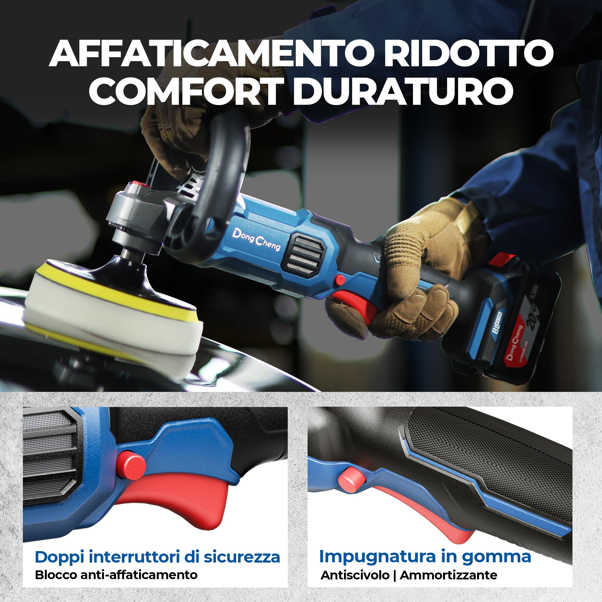 Dong Cheng Lucidatrice Senza Spazzole 150mm con Batteria 4,0 Ah, Impugnatura a D, Avvio Graduale, Stabilizzazione Elettronica della Velocità, Caricabatterie – Ideale per Auto, Barca, Mobili