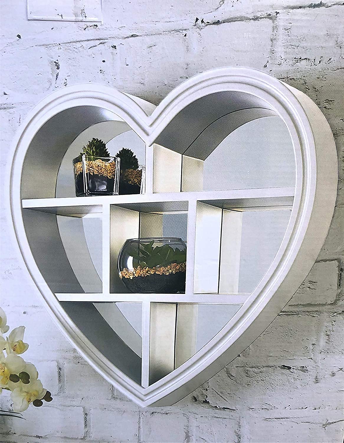 Biznest White Heart Mirror Shelf 6 Sections Decorative Wall Shelf Wall Mirror Best Gift For Love One's