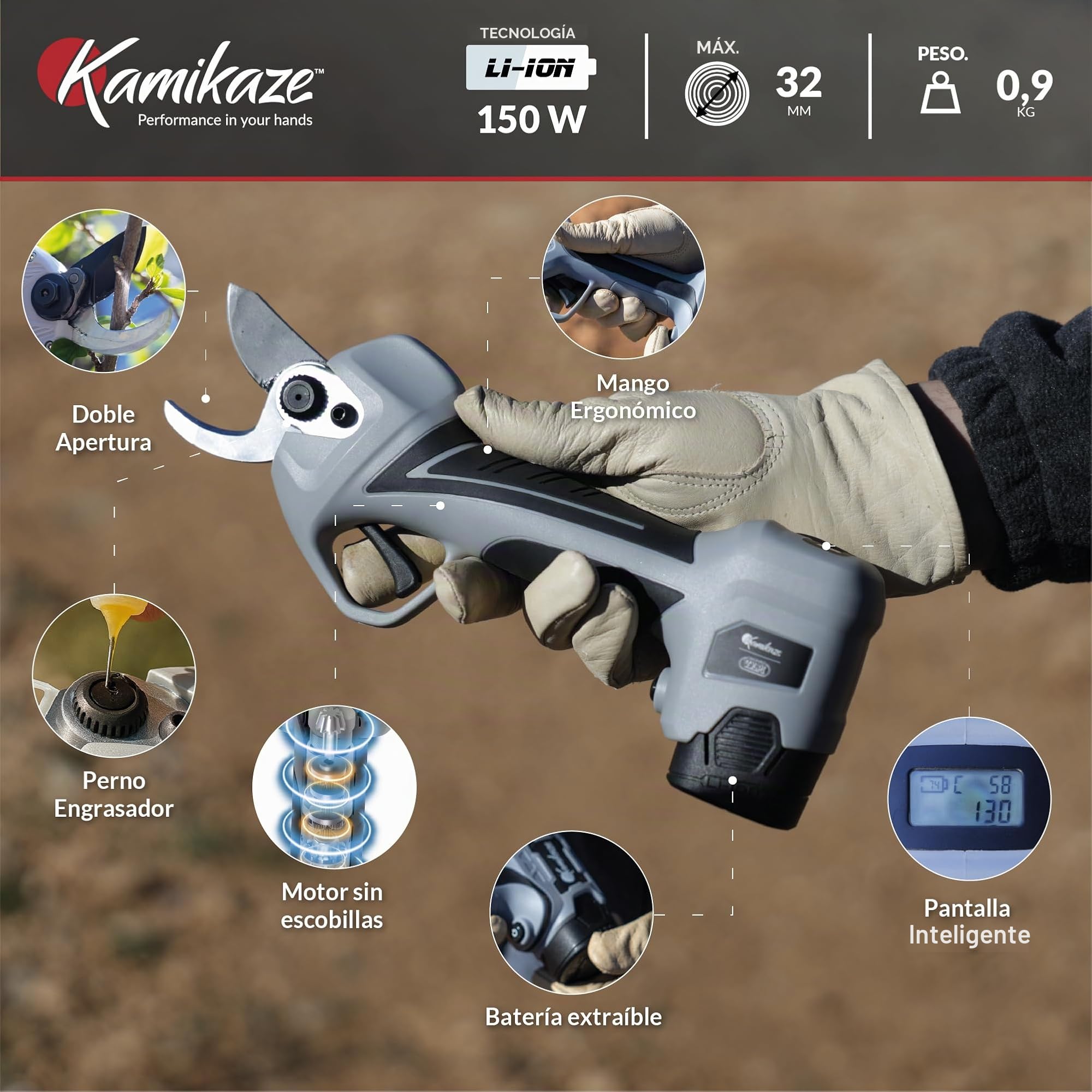 KAMIKAZE KV362 Tijera de podar eléctrica profesional. Podadora eléctrica. Tijeras batería de 14,4V. Sin cable. 35mm Ø. Tijera profesional. Incluye maletín. Indicador de carga y cortes.