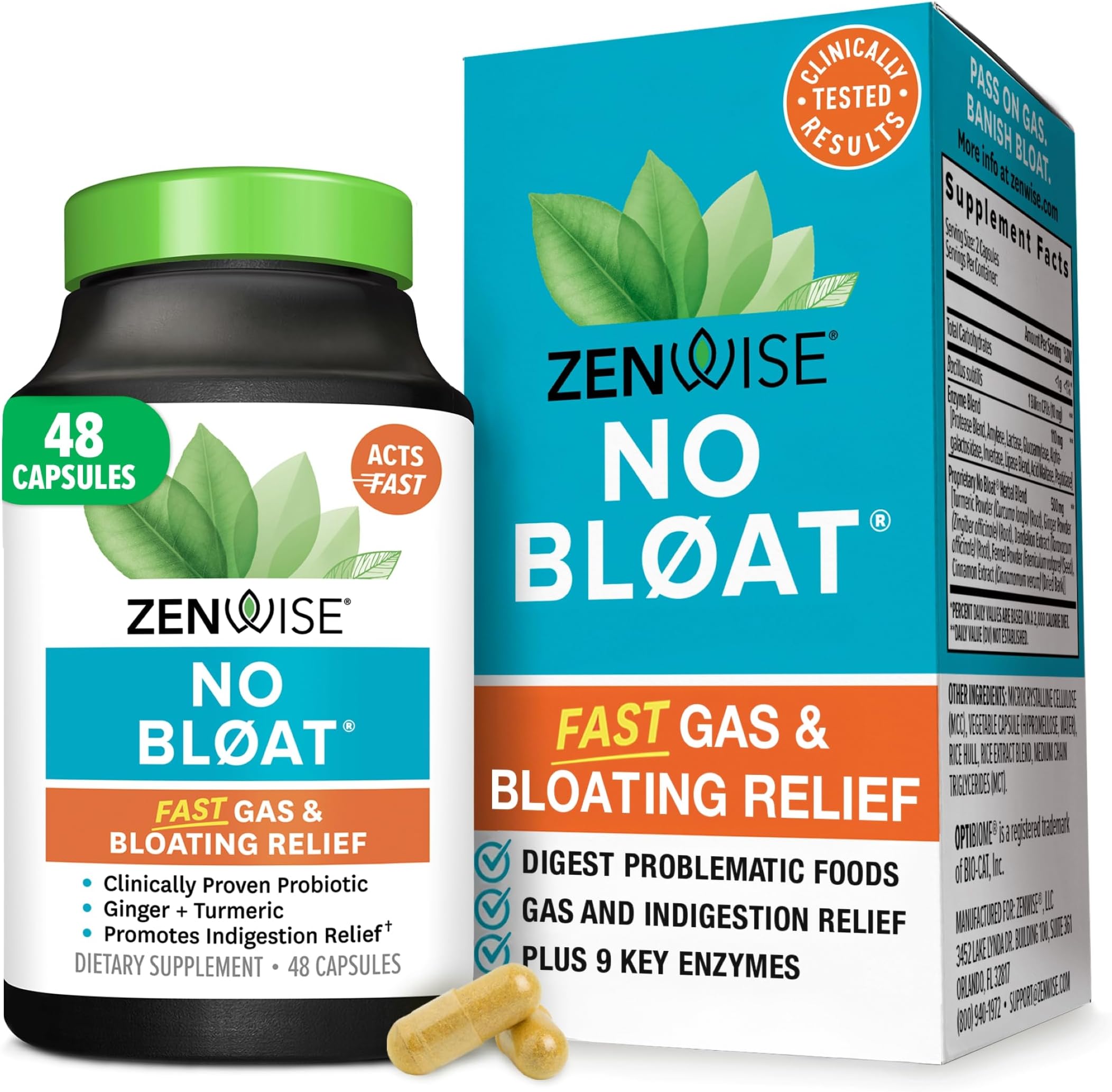 Zenwise Health No Bloat Digestive Enzymes for Gut Health, Gas & Bloating Relief - Multi Enzymes Digestion Supplement with Probiotics, Ginger, Turmeric Dandelion & Lactase - Men & Women - 48 Count