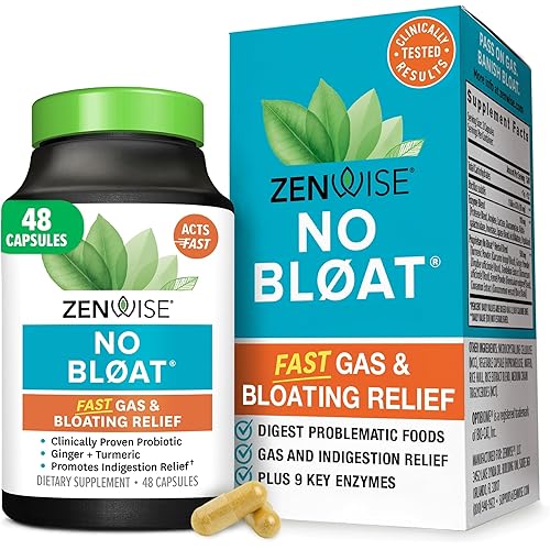 Zenwise Health No Bloat Digestive Enzymes for Gut Health, Gas & Bloating Relief - Multi Enzymes Digestion Supplement with Probiotics, Ginger, Turmeric Dandelion & Lactase - Men & Women - 48 Count