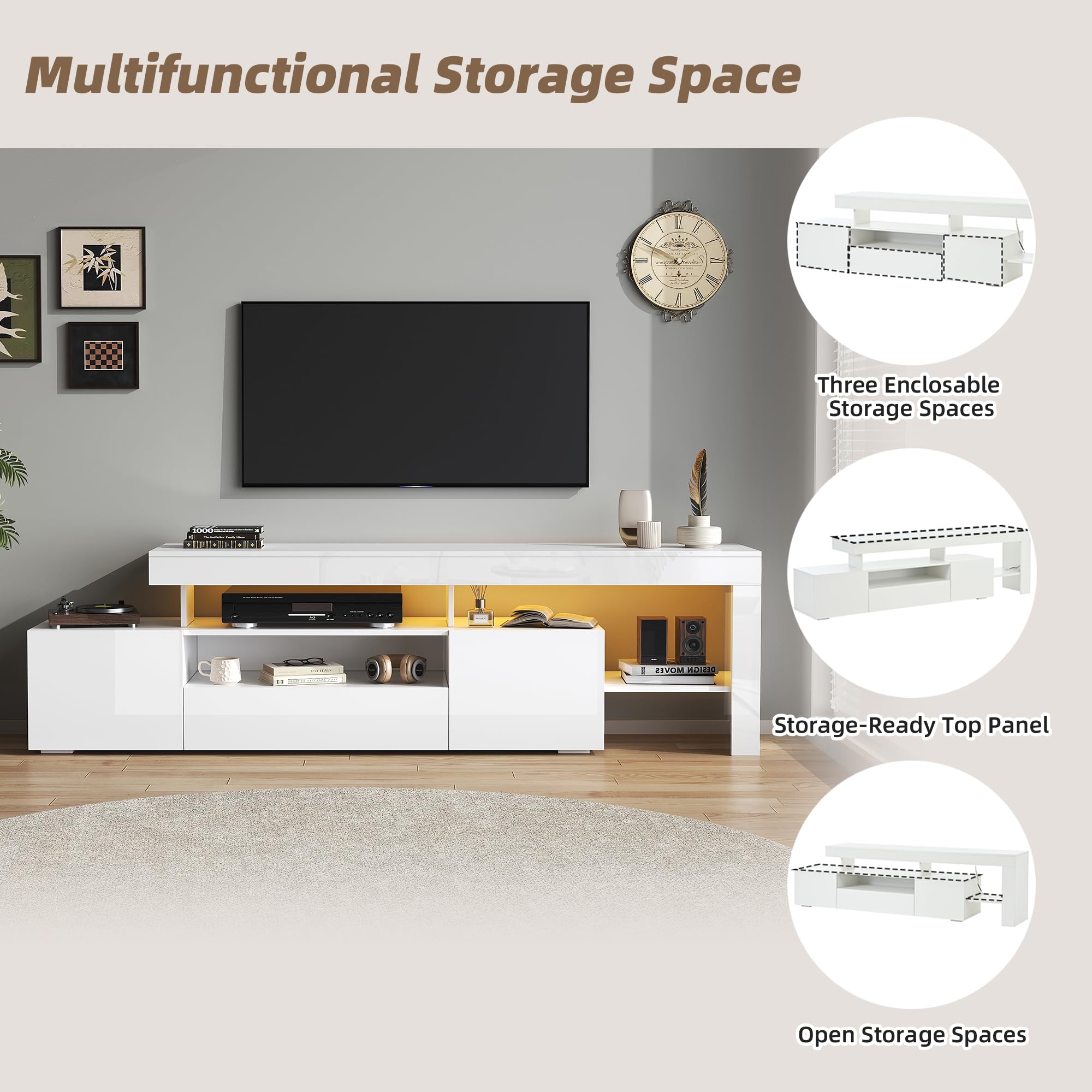 Mueble de TV blanco 192 x 37 x 53 cm, con tres compartimentos, iluminación LED, base y soporte de TV brillantes, estante de TV y mueble, apto para televisores de hasta aproximadamente 85