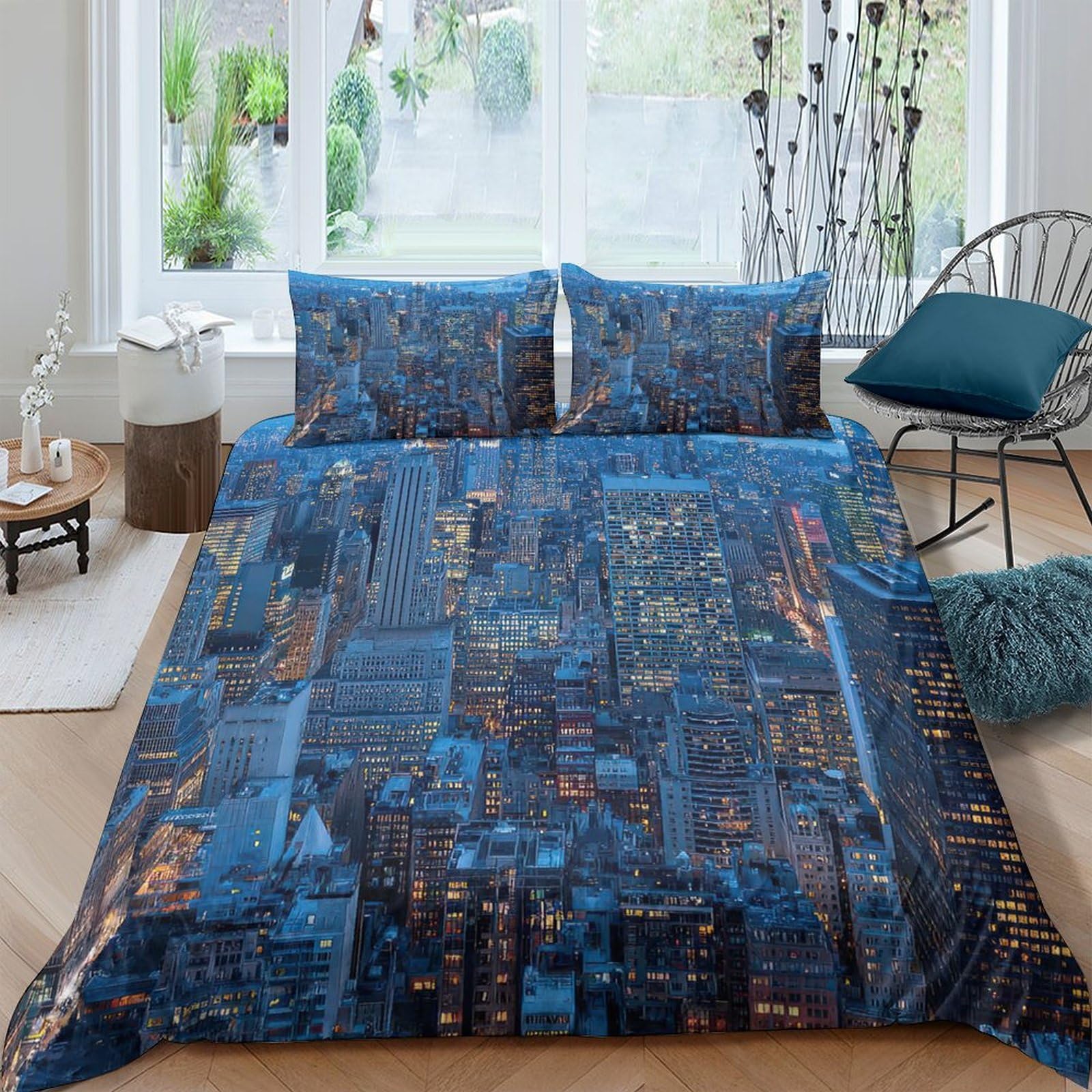 Ctjqhvkz Style-10 3D Printed City Nightscape Fitted Sheet Microfiber Soft Blue Urban Skyline Bed Cover For Bedroom Dorm Decor Single（135X200cm）
