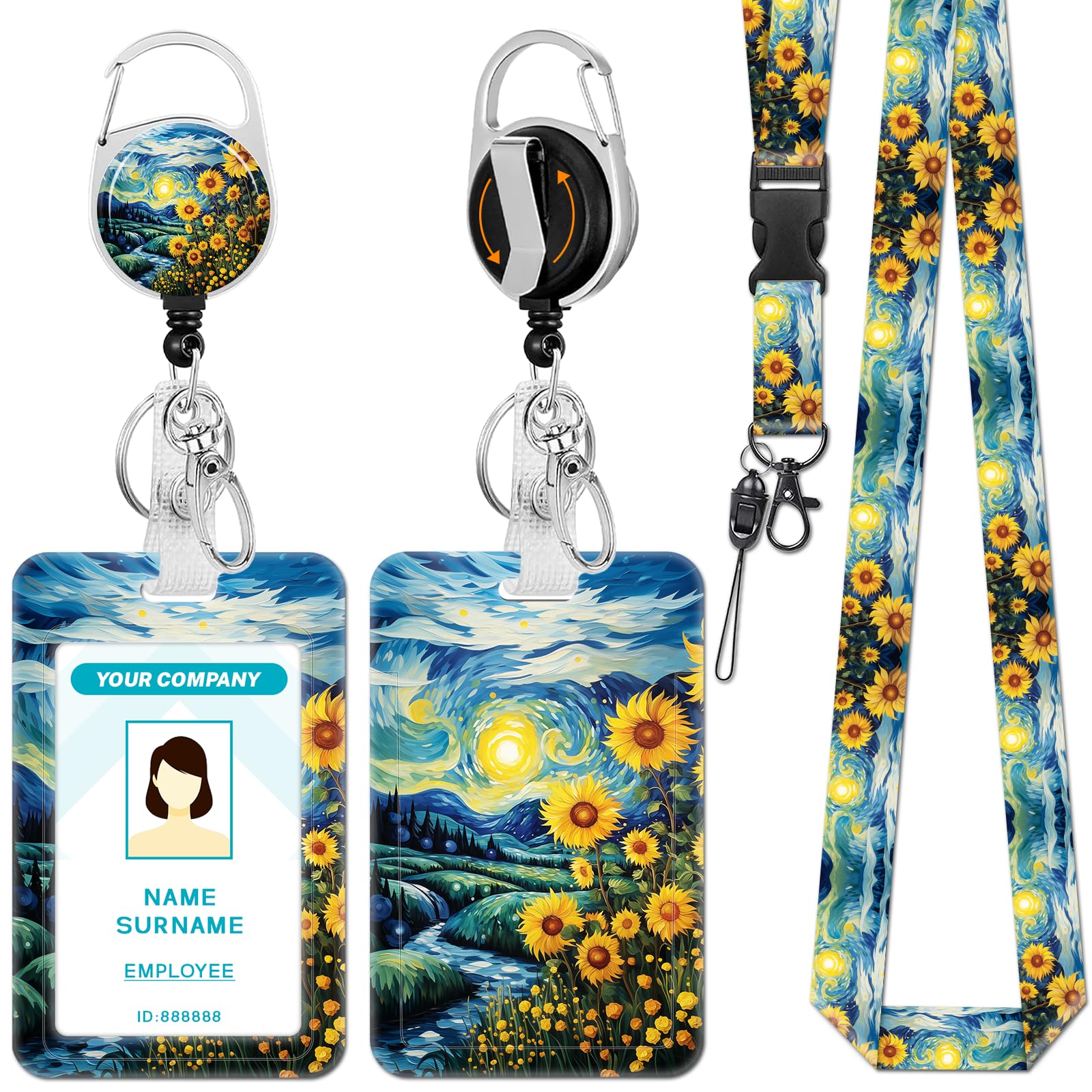 Hancynir Sunflower Lanyards for Id Badges, Badge Holder with Retractable Reel Clip, Work Name Tags Keychain Lanyard with ID Holder, ID Card Protector