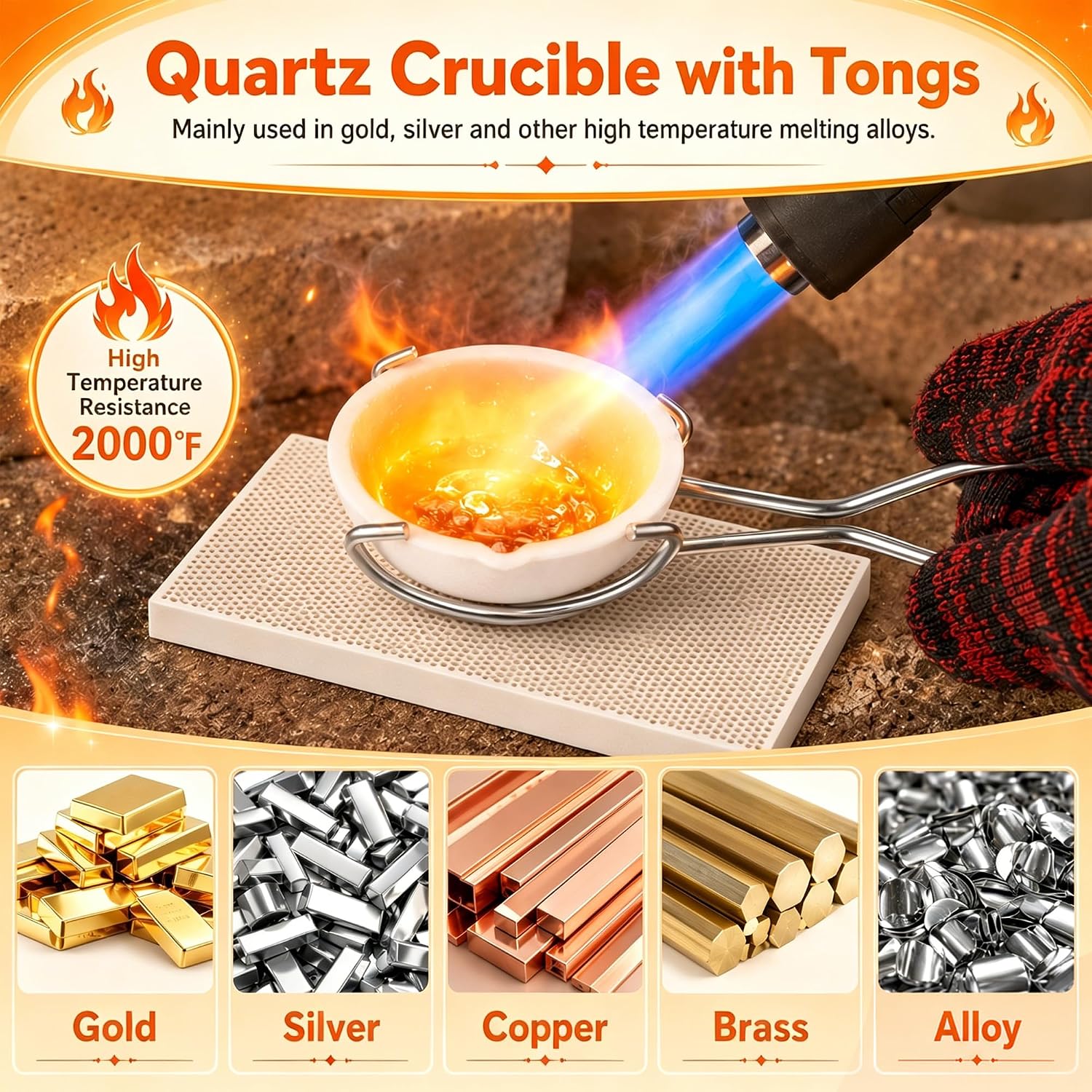 Coitak 11 Pieces Crucibles for Melting Metal Kit, Including 4 Ceramic Quartz Crucibles, 2 Enlarged Ceramic Quartz Crucibles, 2 Tongs, 2 Jewelry Soldering Boards, A Pair of Gloves
