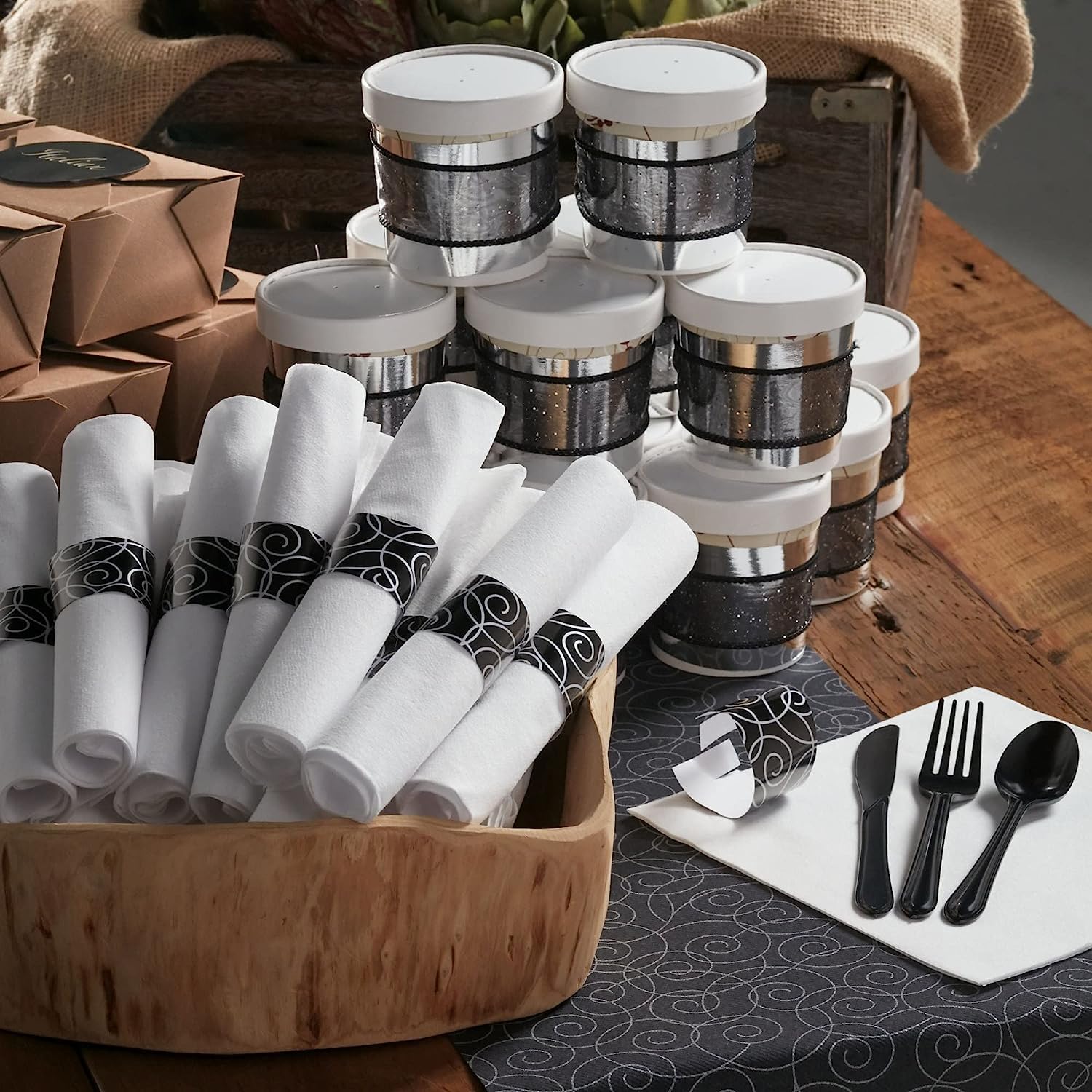 Hoffmaster Caterwrap Heavyweight Cutlery Combo, Fork/spoon/knife/napkin, Black, 100/carton