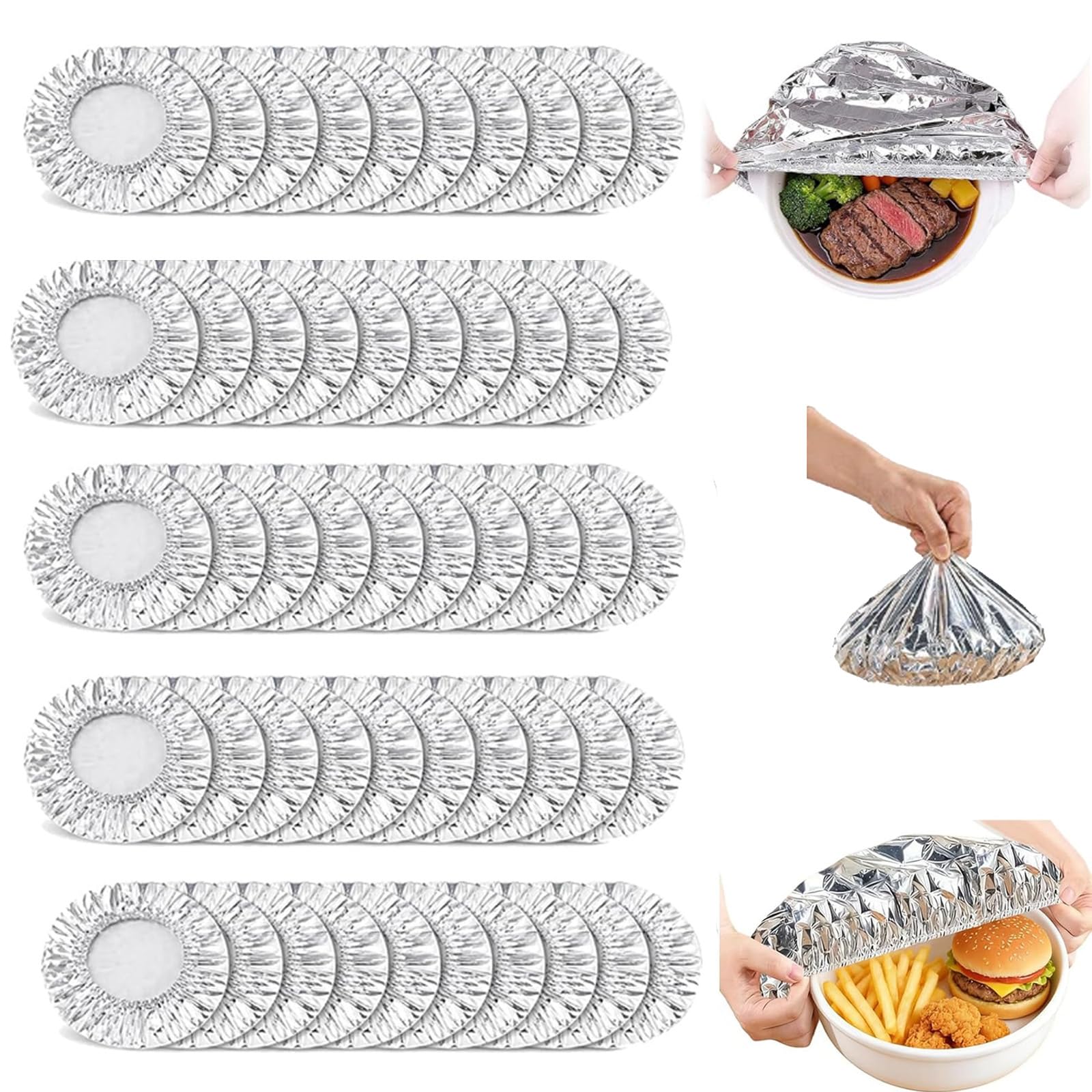 30 PCS Reusable Aluminum Foil Food Covers, Aluminum Covers with Elastic for Food, Insulated Foil Food Covers for Home Dining Parties Outdoor Picnics Fits Plates, Bowls, and Containers (50pcs)