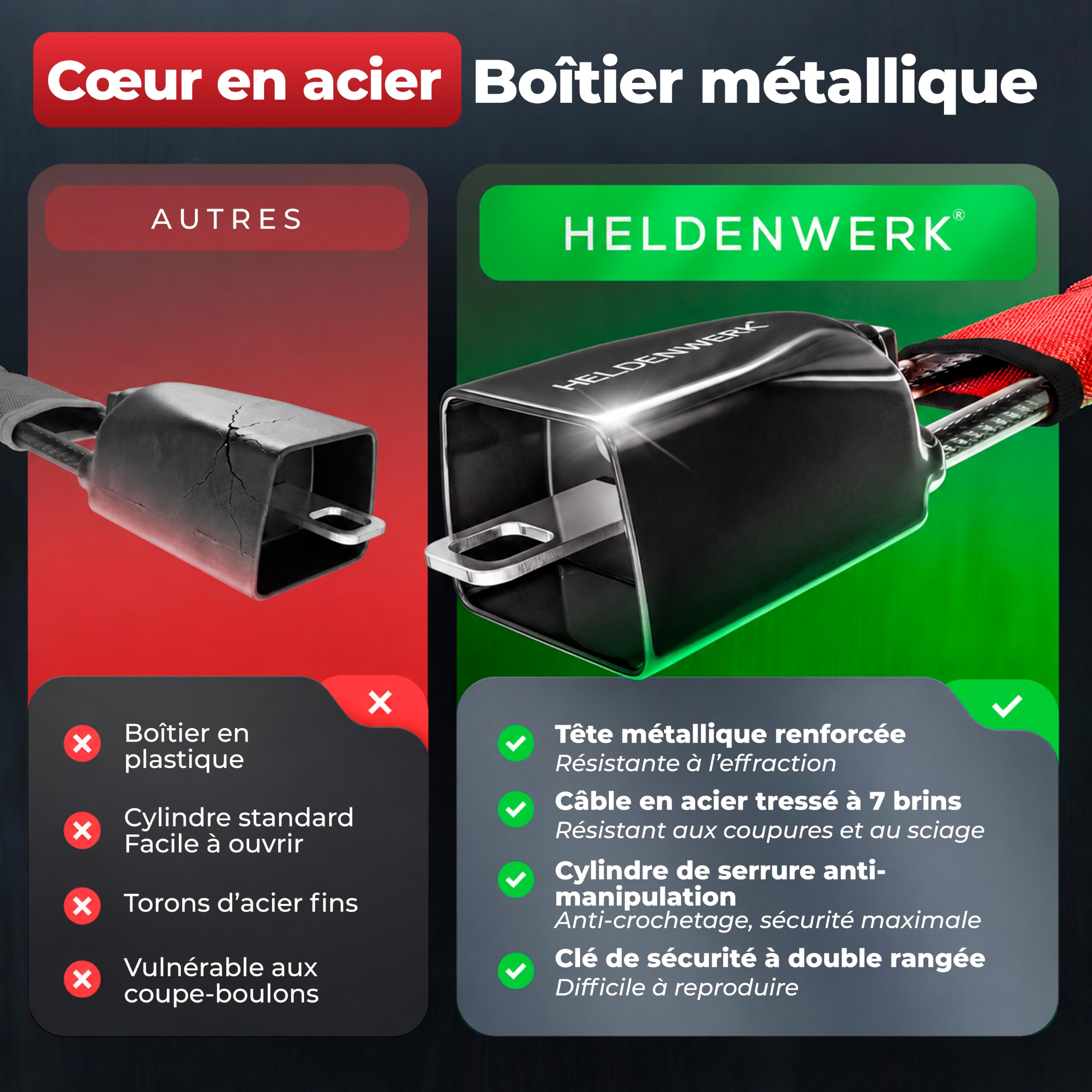 HELDENWERK® Antivol de volant pour voiture et camping-car - En métal - Ajustement universel - Antivol de volant avec câble en acier épais - Anti-démarrage - Avec 3 clés de sécurité - Rouge