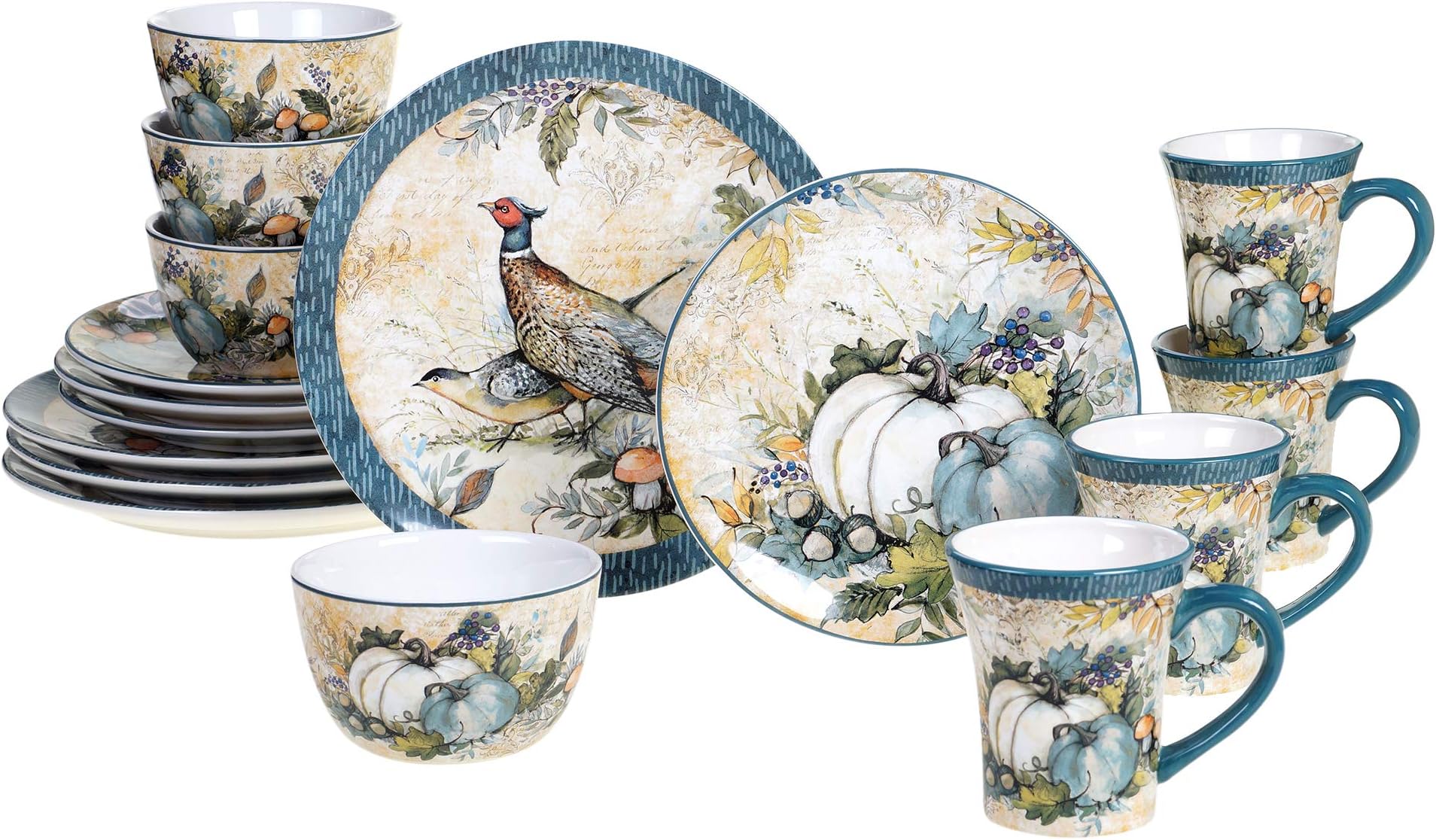 Harvest Gatherings 16-Piece Ceramic Dinnerware Set, Service for 4 – Multicolor Fall Plates, Bowls & Mugs with Pumpkin & Pheasant Design – Autumn Tableware for Thanksgiving, Cabin & Holiday Hosting
