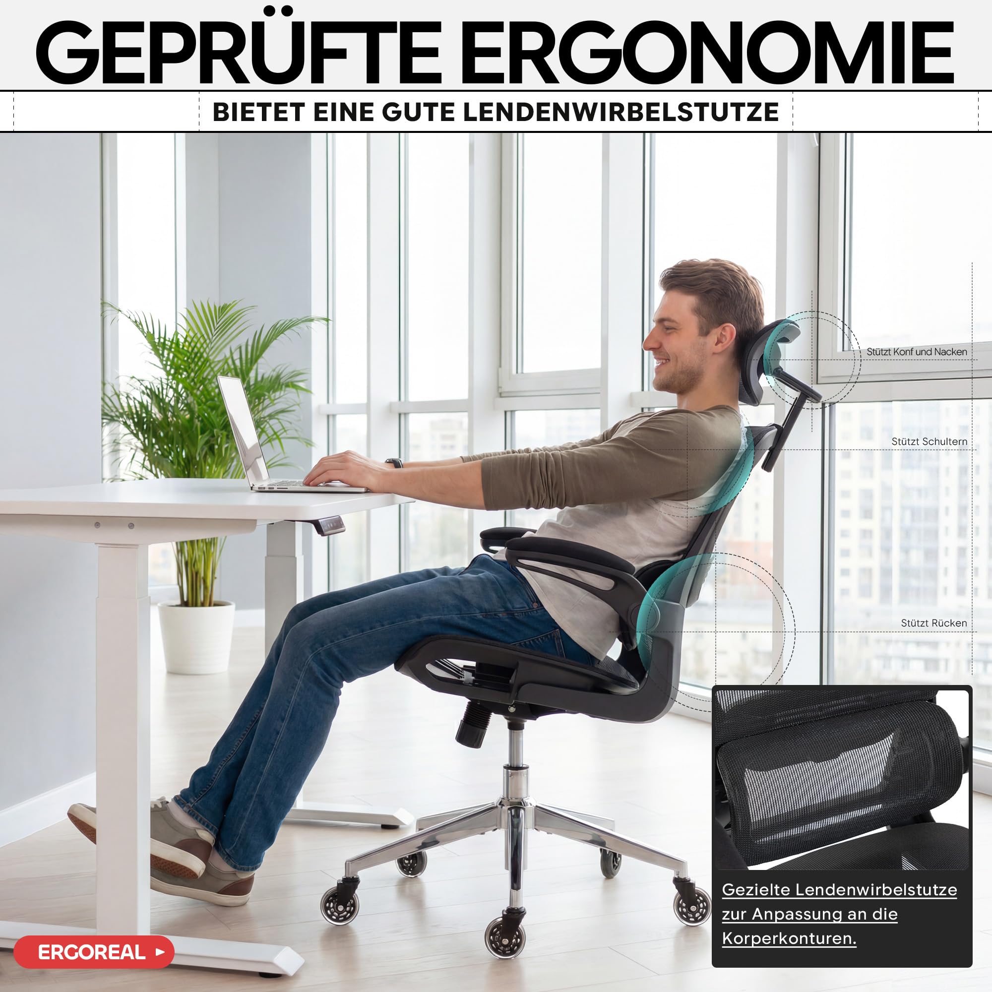 Schreibtischstuhl Ergonomischer Bürostuhl mit 150kg Tragkraft, verstellbaren Armlehnen, dynamischer Lendenstütze, Wippfunktion – Büro&Gaming Stuhl für Homeoffice, atmungsaktives Mesh,Schwarz
