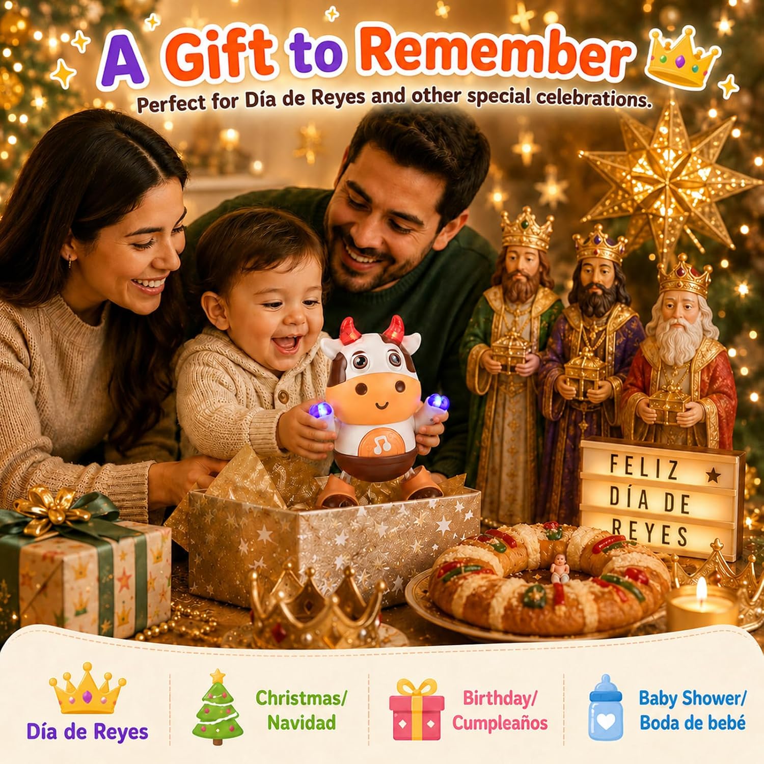 Tummy Time Toys, Juguetes Musicales de Vaca para Niños de 6-12 Meses | Juguete Educativo Interactivo Sensorial con Sonidos, Luz y Danza para Regalos de Reyes, Cumpleaños, Navidad de 1 a 3 Años
