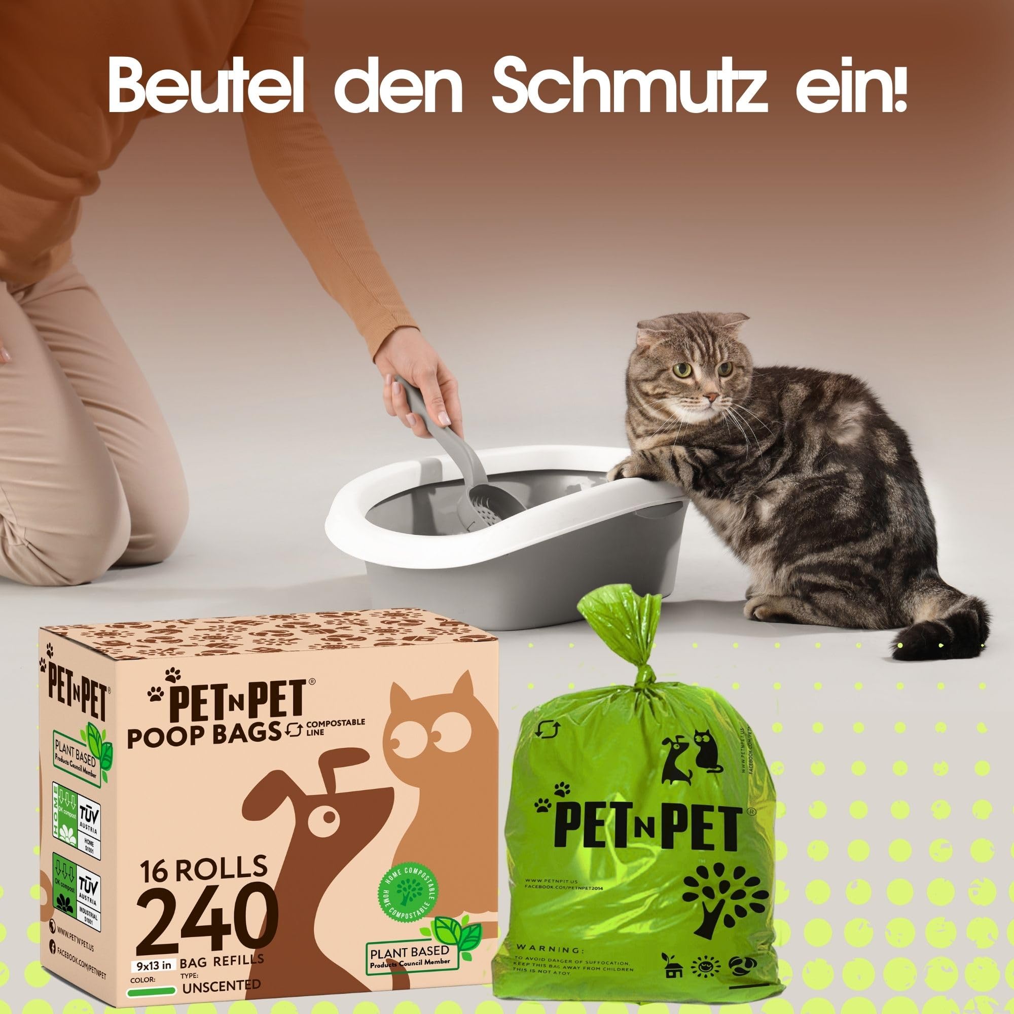 PET N PET Kompostierbare Hundekotbeutel, 240 Stück, 16 Rollen kotbeutel | 100% kompostierbar, Extra reißfest, Auslaufsicher, kotbeutel für hunde & Katzenstreubeutel, Auf Rollen
